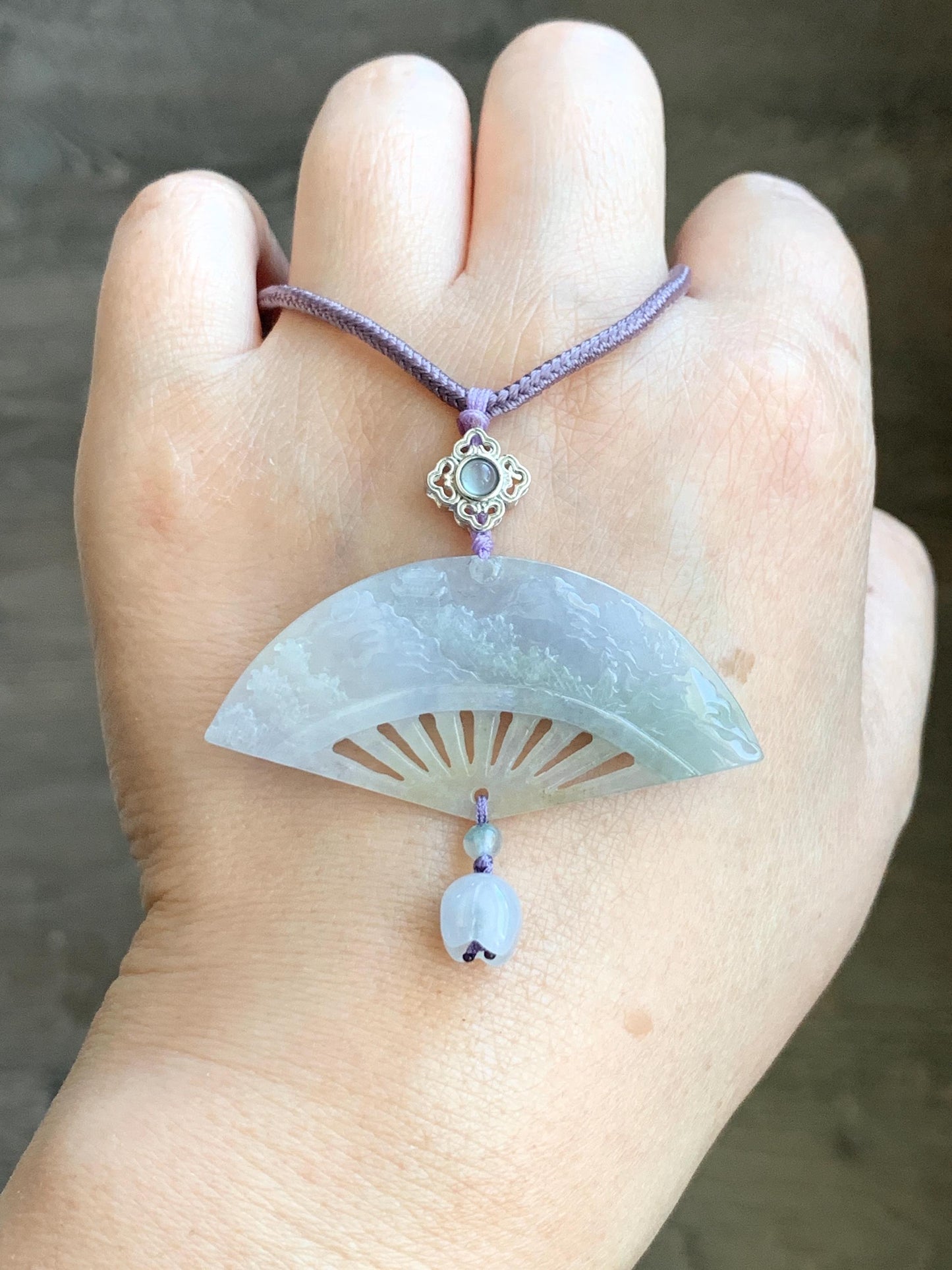 Natural Grade A Icy Translucent Tricolored Jadeite Shan Shui Landscape Fan Pendant Rope Necklace 25” Sterling Silver 天然冰胶紫三彩翡翠山水扇子吊坠 SCSS-A