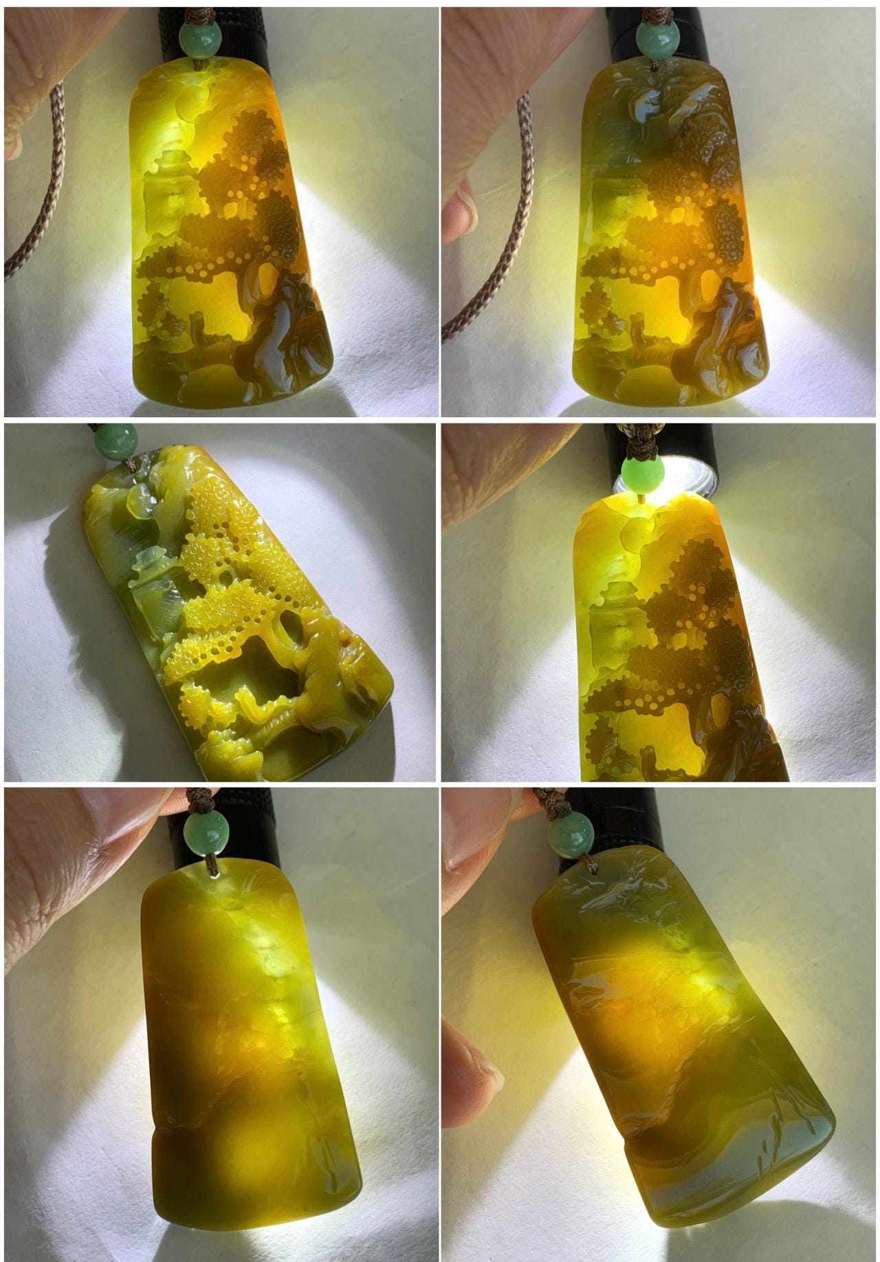 Natural Grade A Guatemalan Icy Translucent Intense Yellow Jadeite Shan Shui Landscape Pendant Rope Necklace 25” 16g 天然冰危黄翡翠山水牌吊坠 WHSS