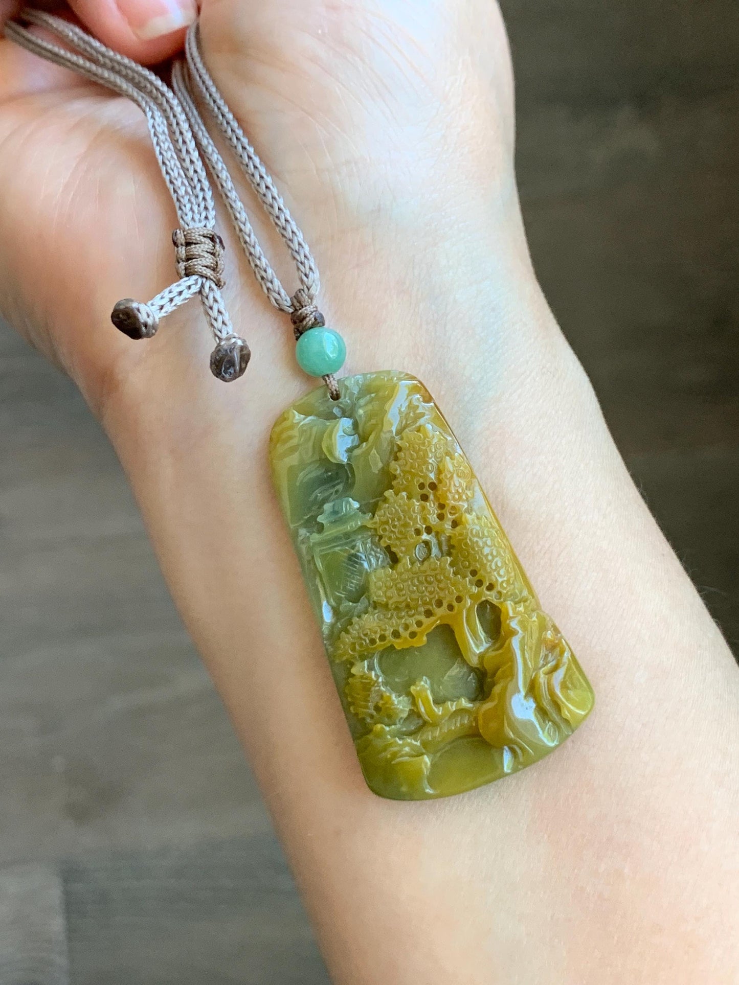Natural Grade A Guatemalan Icy Translucent Intense Yellow Jadeite Shan Shui Landscape Pendant Rope Necklace 25” 16g 天然冰危黄翡翠山水牌吊坠 WHSS