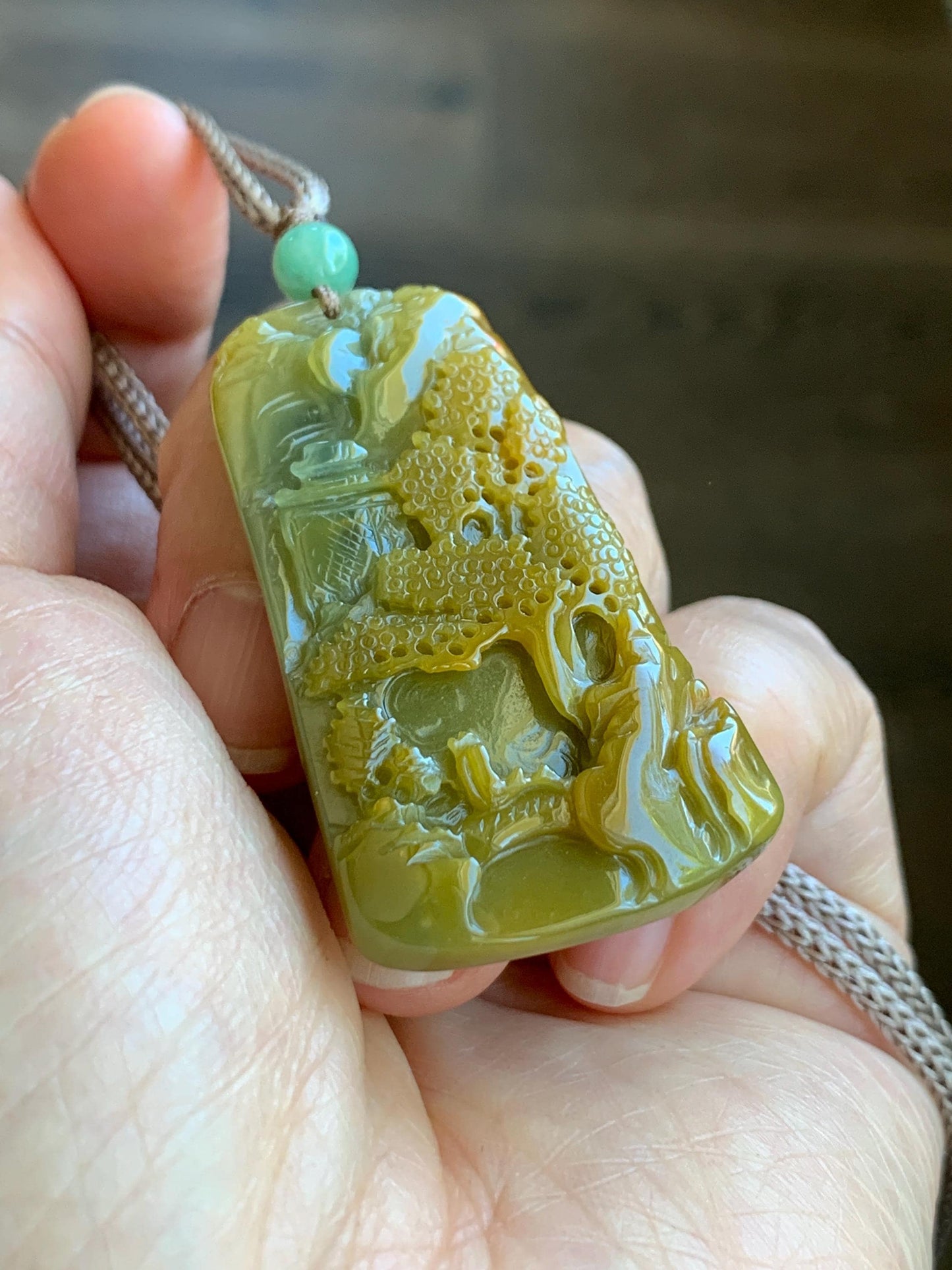 Natural Grade A Guatemalan Icy Translucent Intense Yellow Jadeite Shan Shui Landscape Pendant Rope Necklace 25” 16g 天然冰危黄翡翠山水牌吊坠 WHSS