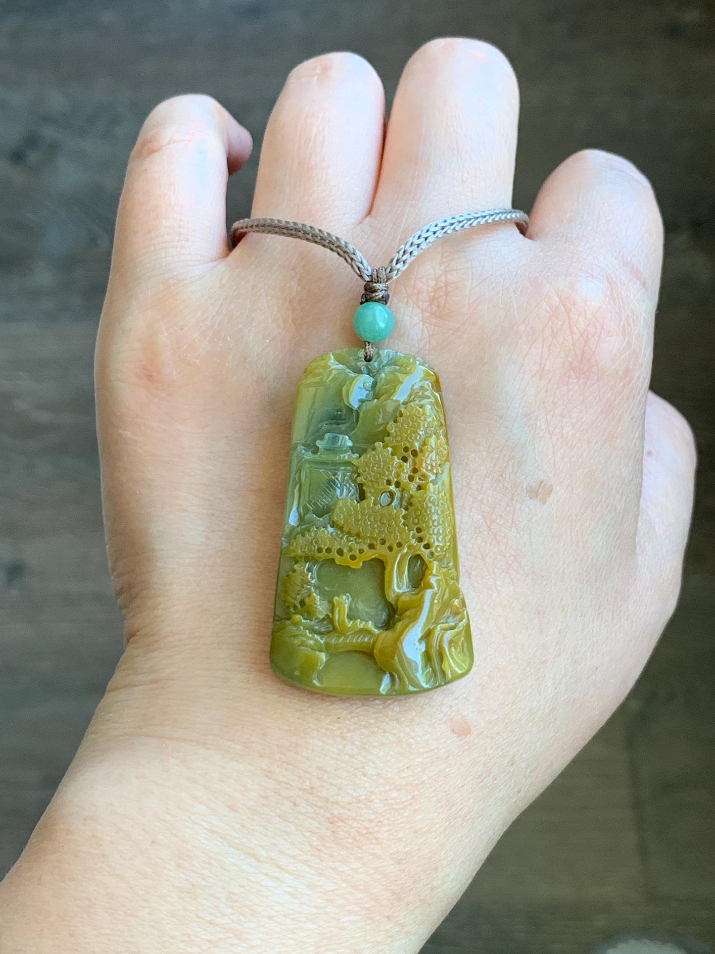 Natural Grade A Guatemalan Icy Translucent Intense Yellow Jadeite Shan Shui Landscape Pendant Rope Necklace 25” 16g 天然冰危黄翡翠山水牌吊坠 WHSS