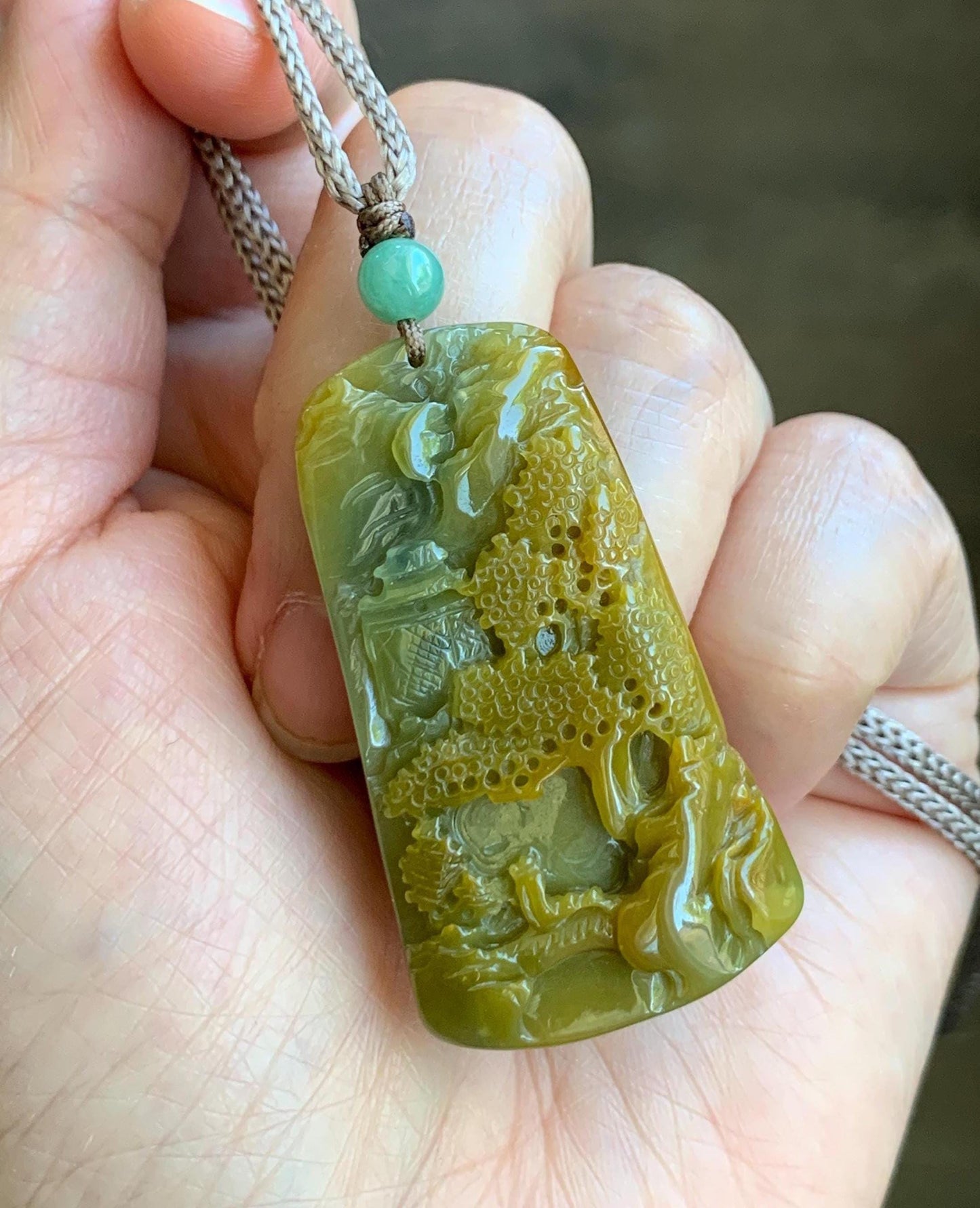 Natural Grade A Guatemalan Icy Translucent Intense Yellow Jadeite Shan Shui Landscape Pendant Rope Necklace 25” 16g 天然冰危黄翡翠山水牌吊坠 WHSS
