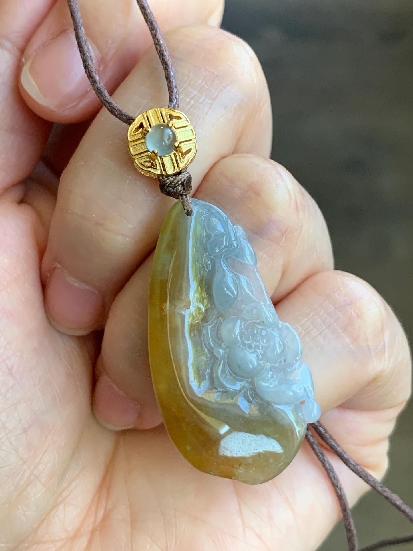 Certified Natural Grade A Icy Translucent Yellow Pastel Blue Marbled Jadeite Lotus Flower Rope Necklace Sterling Silver 26” 天然冰胶黄翡翠莲花吊坠 1468