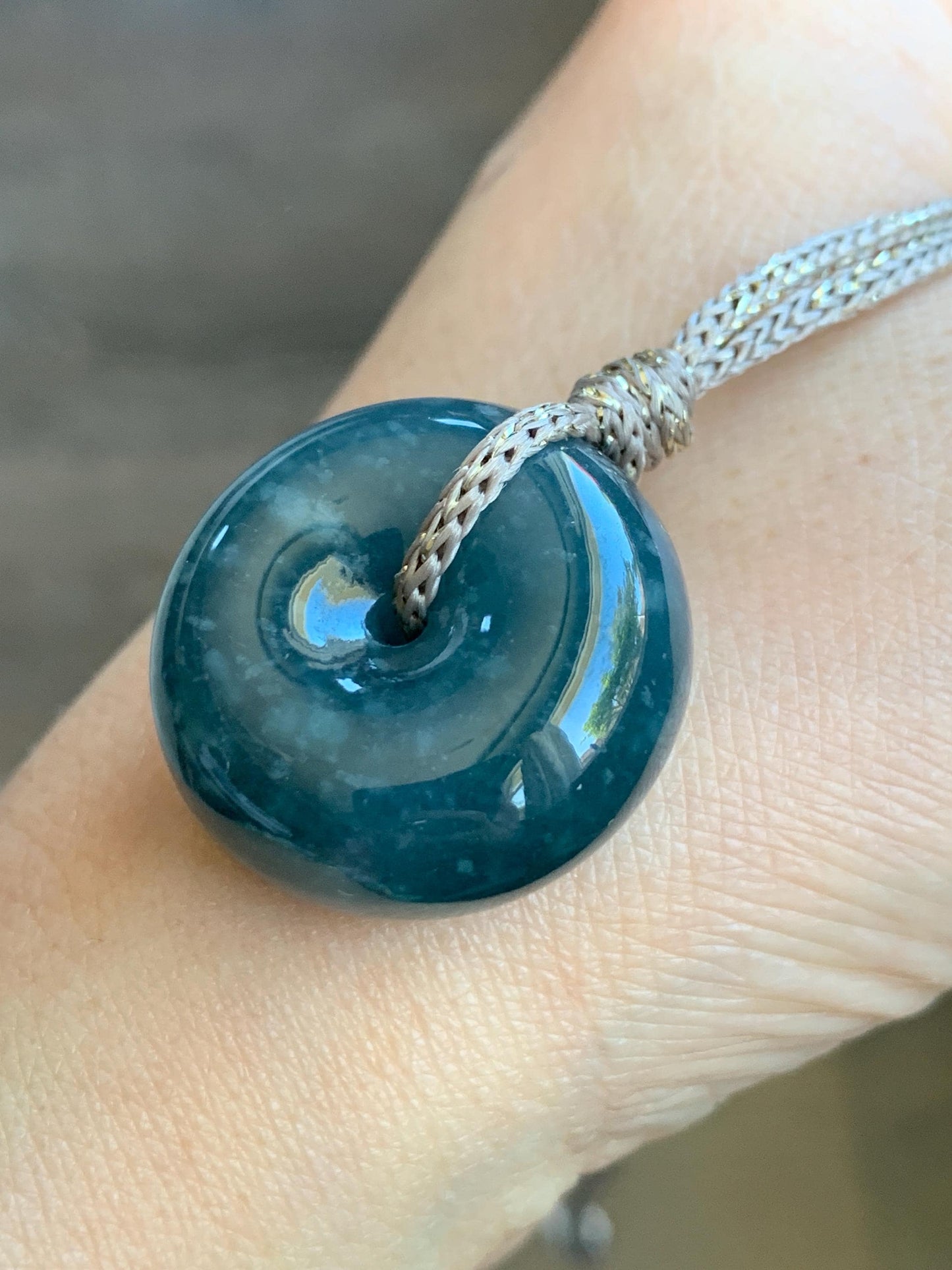Natural Guatemalan Icy Translucent Dark Teal Blue Jadeite Thick Ping An Kou Donut Pendant Rope Necklace Adjustable 25" 天然冰危深蓝翡翠平安肥扣吊坠 DFP-1