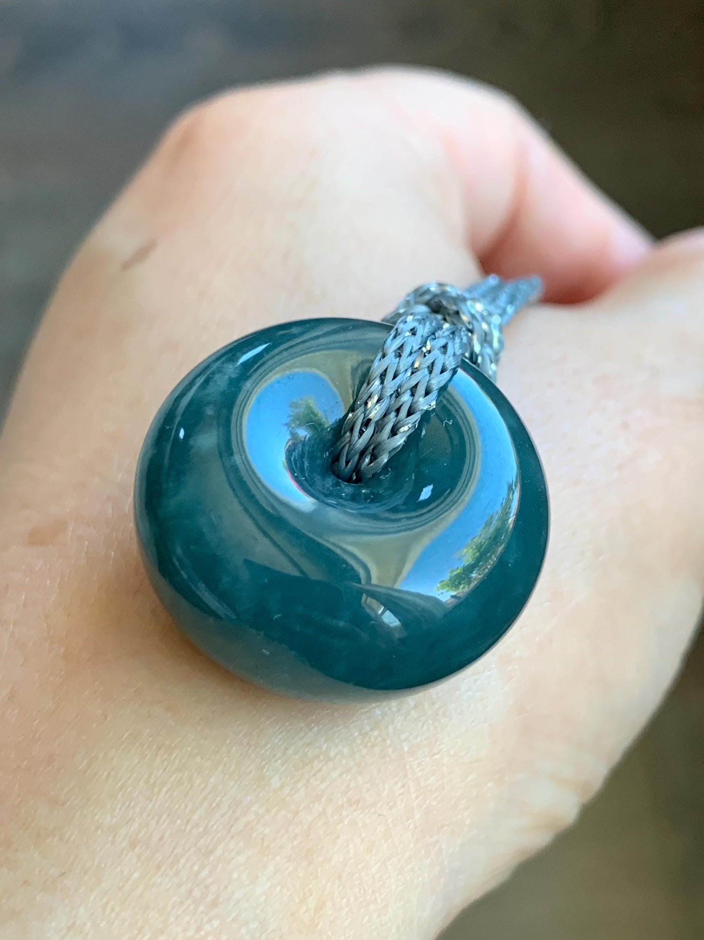 Natural Guatemalan Icy Translucent Dark Teal Blue Jadeite Thick Ping An Kou Donut Pendant Rope Necklace Adjustable 24" 天然冰危深蓝翡翠平安肥扣吊坠 DFP-2