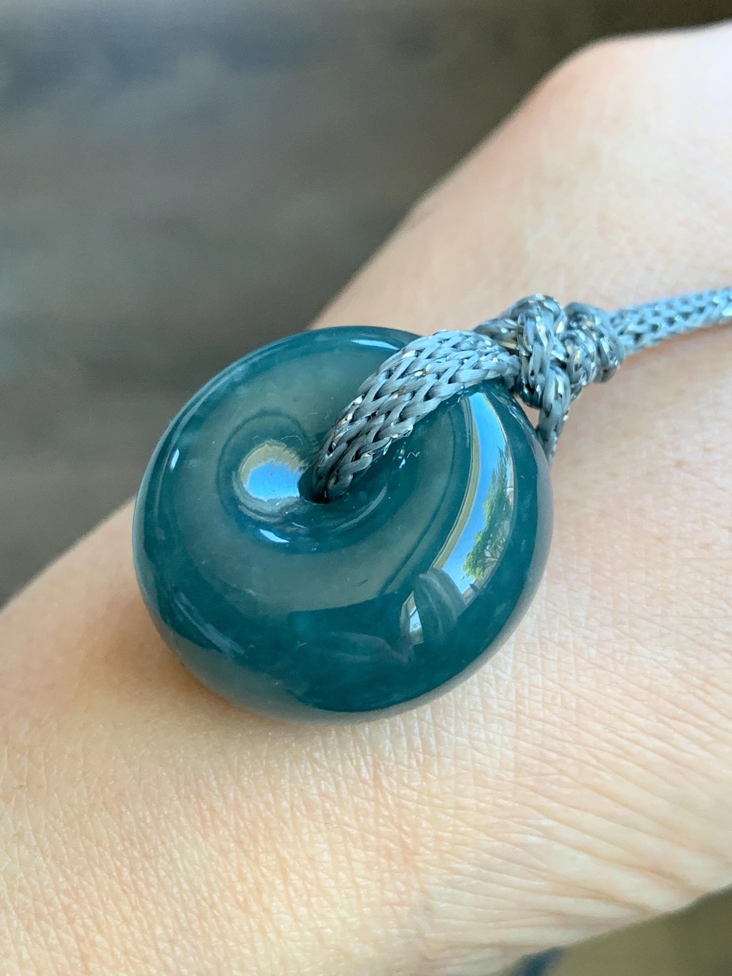 Natural Guatemalan Icy Translucent Dark Teal Blue Jadeite Thick Ping An Kou Donut Pendant Rope Necklace Adjustable 24" 天然冰危深蓝翡翠平安肥扣吊坠 DFP-2