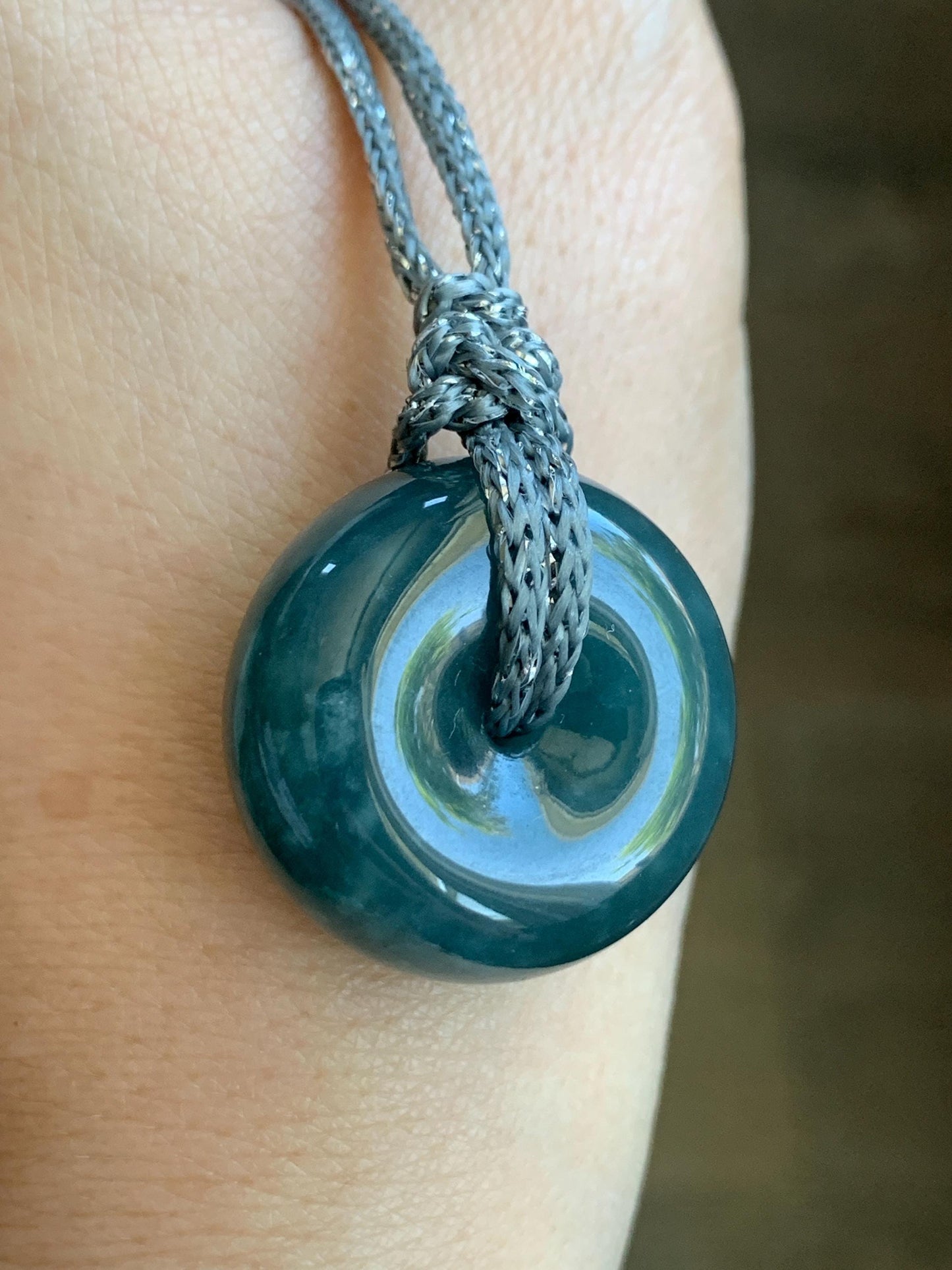 Natural Guatemalan Icy Translucent Dark Teal Blue Jadeite Thick Ping An Kou Donut Pendant Rope Necklace Adjustable 24" 天然冰危深蓝翡翠平安肥扣吊坠 DFP-2