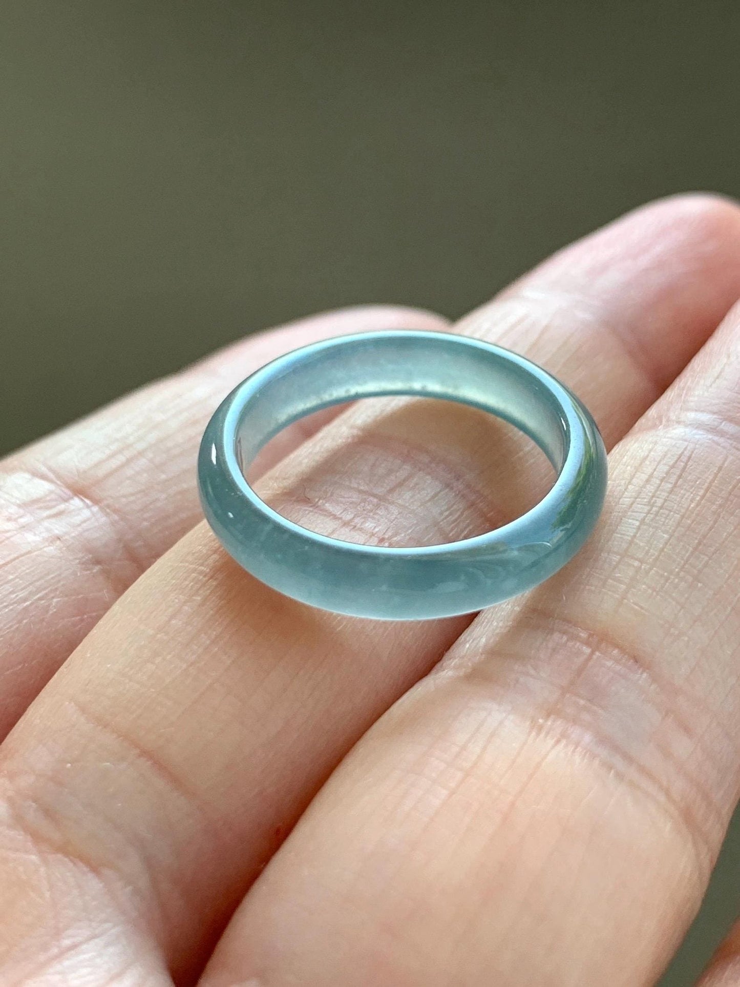 Natural Grade A Guatemalan Icy Highly Translucent Gelatinous Light Teal Blue Jade Jadeite Band Ring Size 6.5 US 天然冰危浅蓝起光翡翠戒圈 WLK44-A