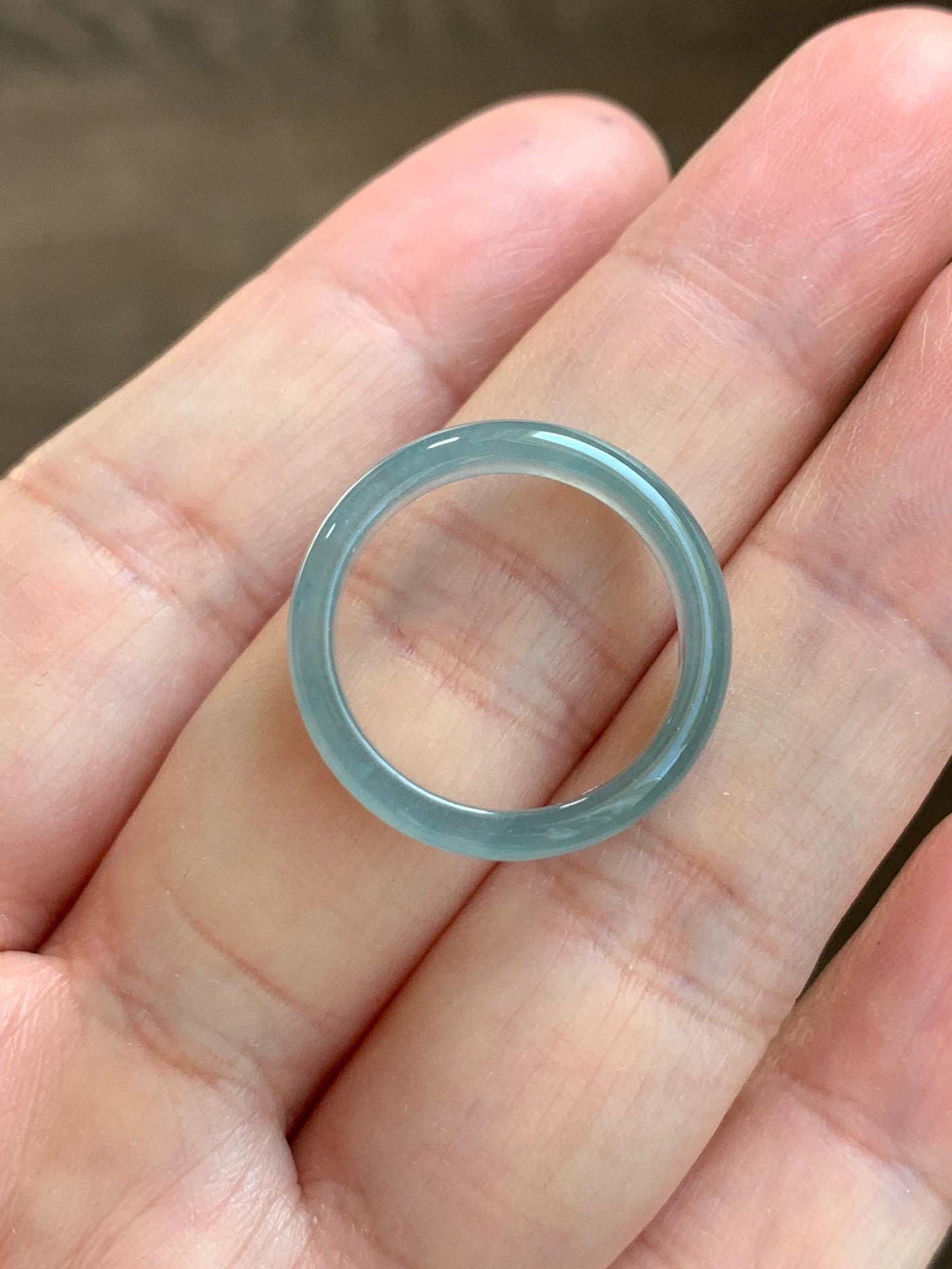 Natural Grade A Guatemalan Icy Highly Translucent Gelatinous Light Teal Blue Jade Jadeite Band Ring Size 6.5 US 天然冰危浅蓝起光翡翠戒圈 WLK44-A