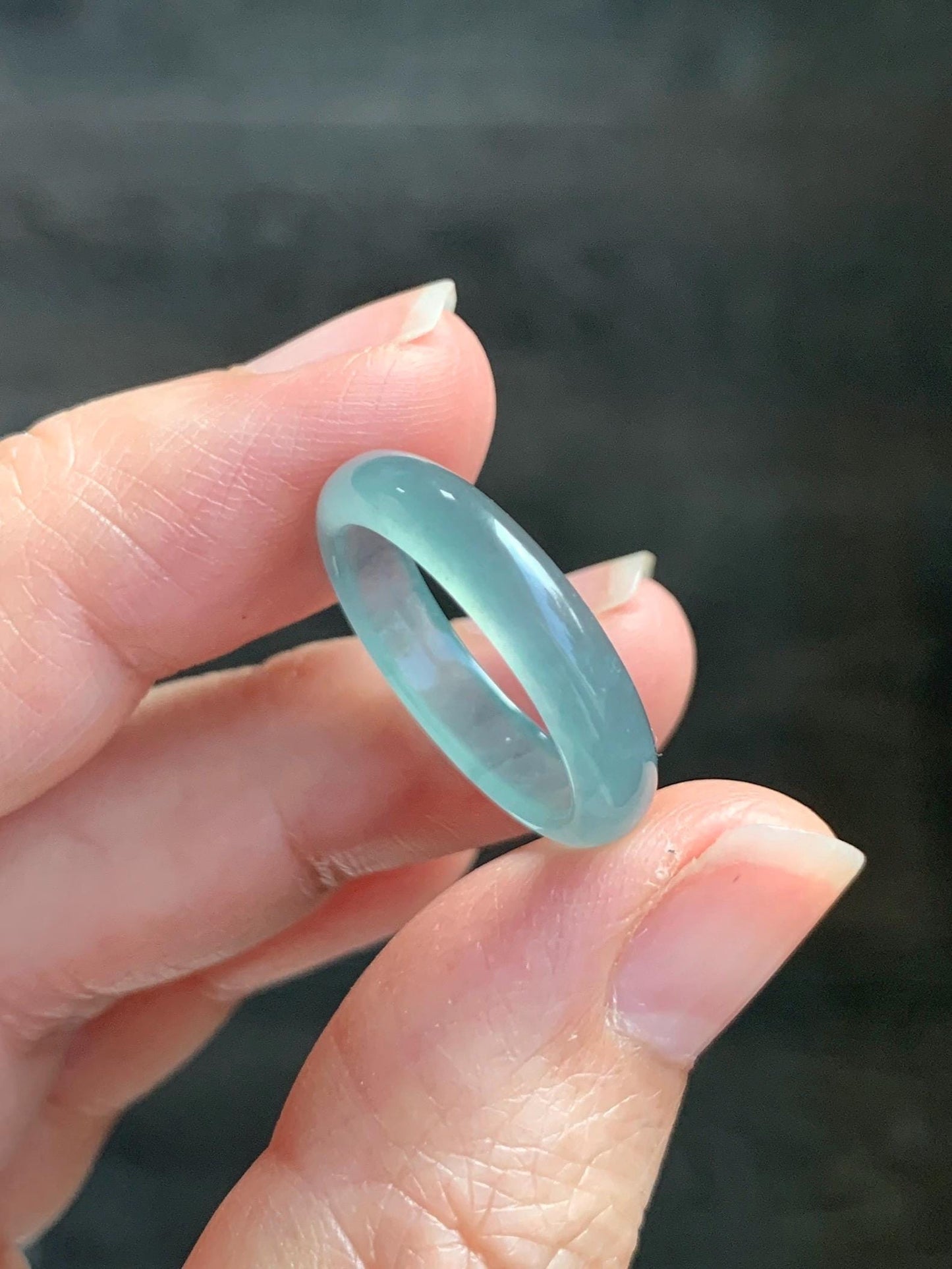Natural Grade A Guatemalan Icy Highly Translucent Gelatinous Light Teal Blue Jade Jadeite Band Ring Size 6.5 US 天然冰危浅蓝起光翡翠戒圈 WLK44-B