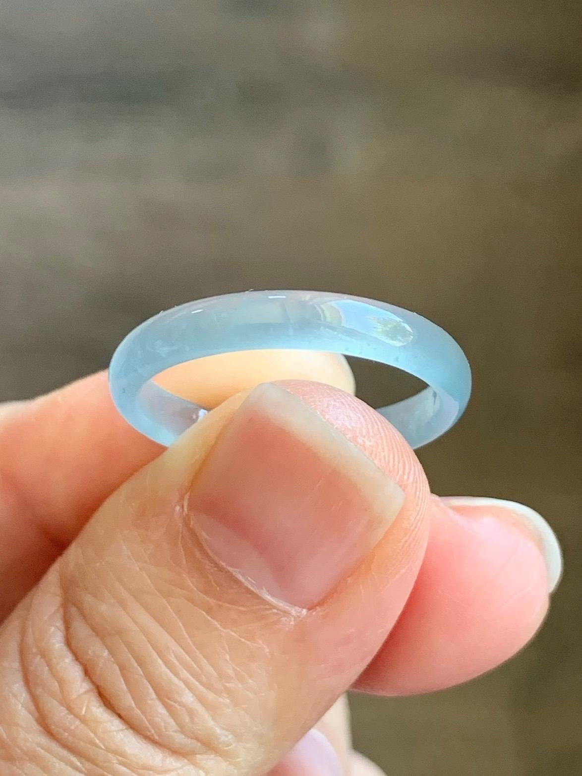Natural Grade A Guatemalan Icy Highly Translucent Gelatinous Pastel Teal Blue Jade Jadeite Band Ring Size 9 US 天然冰危淡蓝起光翡翠戒圈 WZC44-A