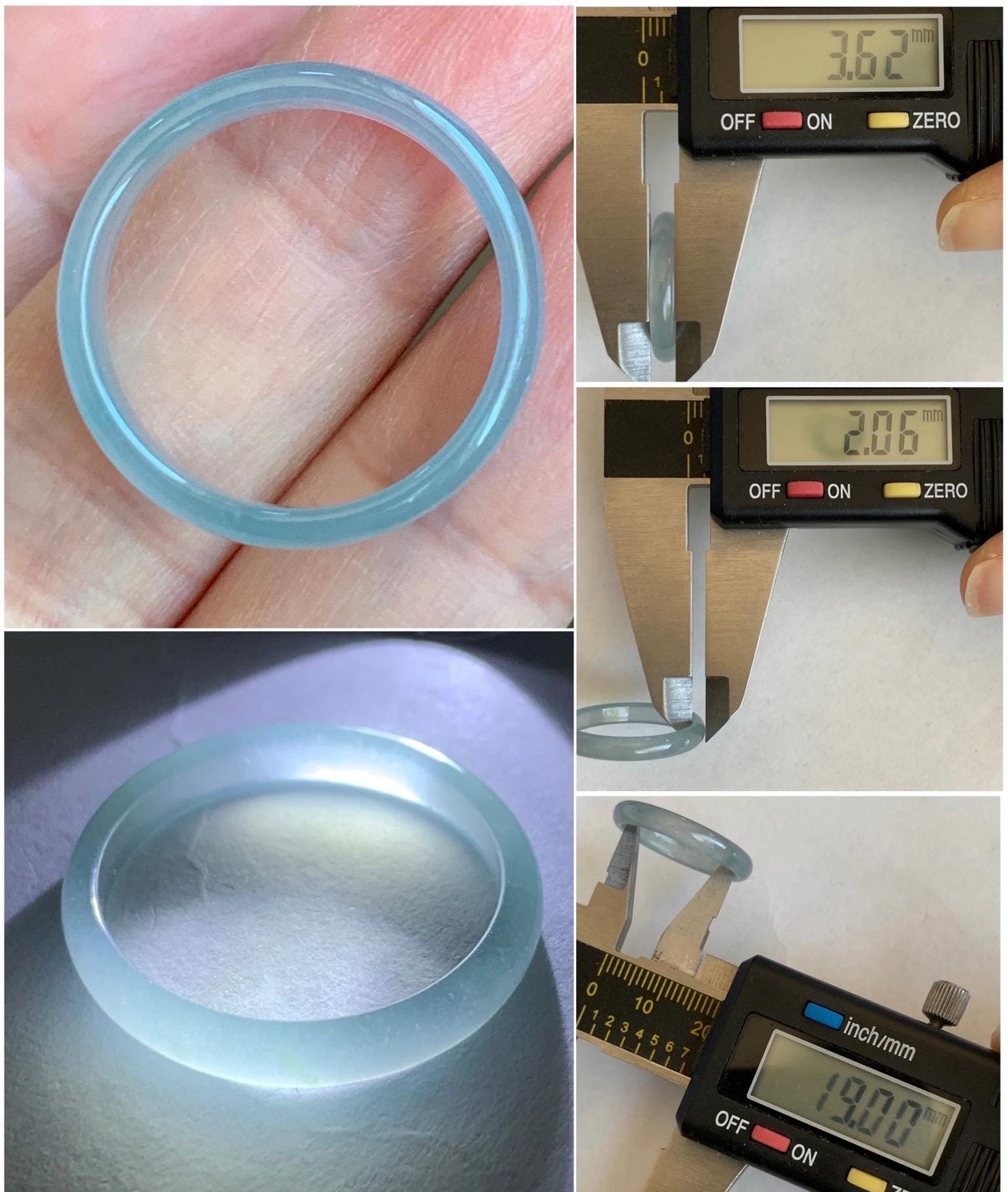 Natural Grade A Guatemalan Icy Highly Translucent Gelatinous Pastel Teal Blue Jade Jadeite Band Ring Size 9 US 天然冰危淡蓝起光翡翠戒圈 WZC44-A