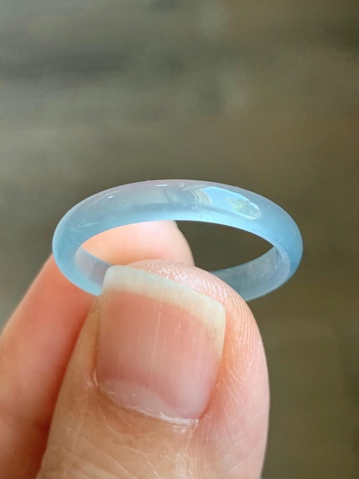 Natural Grade A Guatemalan Icy Highly Translucent Gelatinous Pastel Teal Blue Jade Jadeite Band Ring Size 7.75 US 天然冰危淡蓝起光翡翠戒圈 WZC44-B