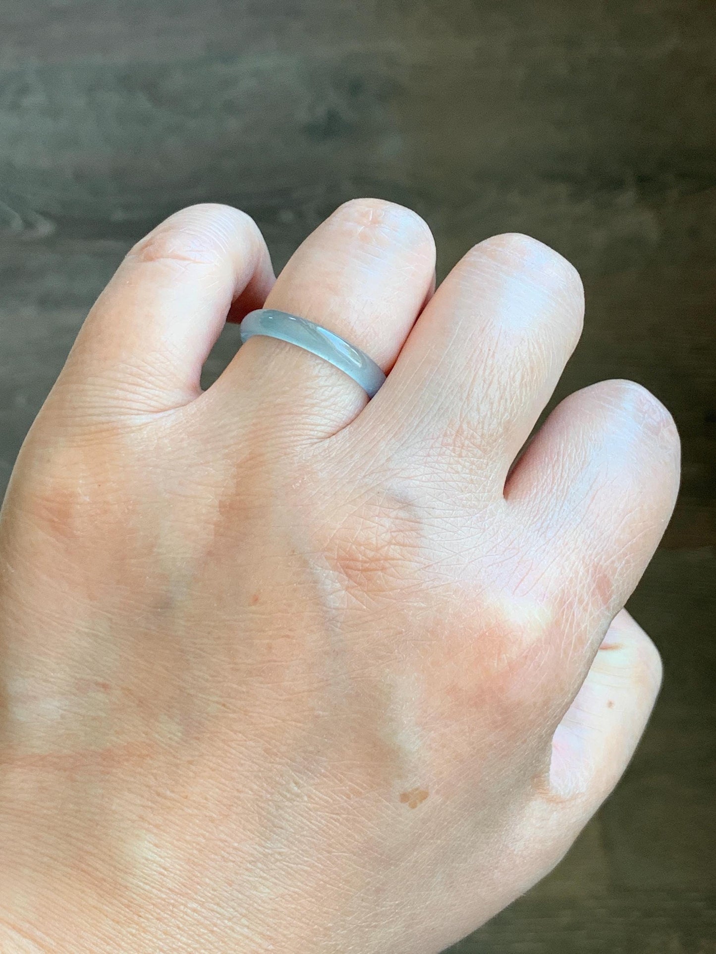 Natural Grade A Guatemalan Icy Highly Translucent Gelatinous Pastel Teal Blue Jade Jadeite Band Ring Size 7.75 US 天然冰危淡蓝起光翡翠戒圈 WZC44-B