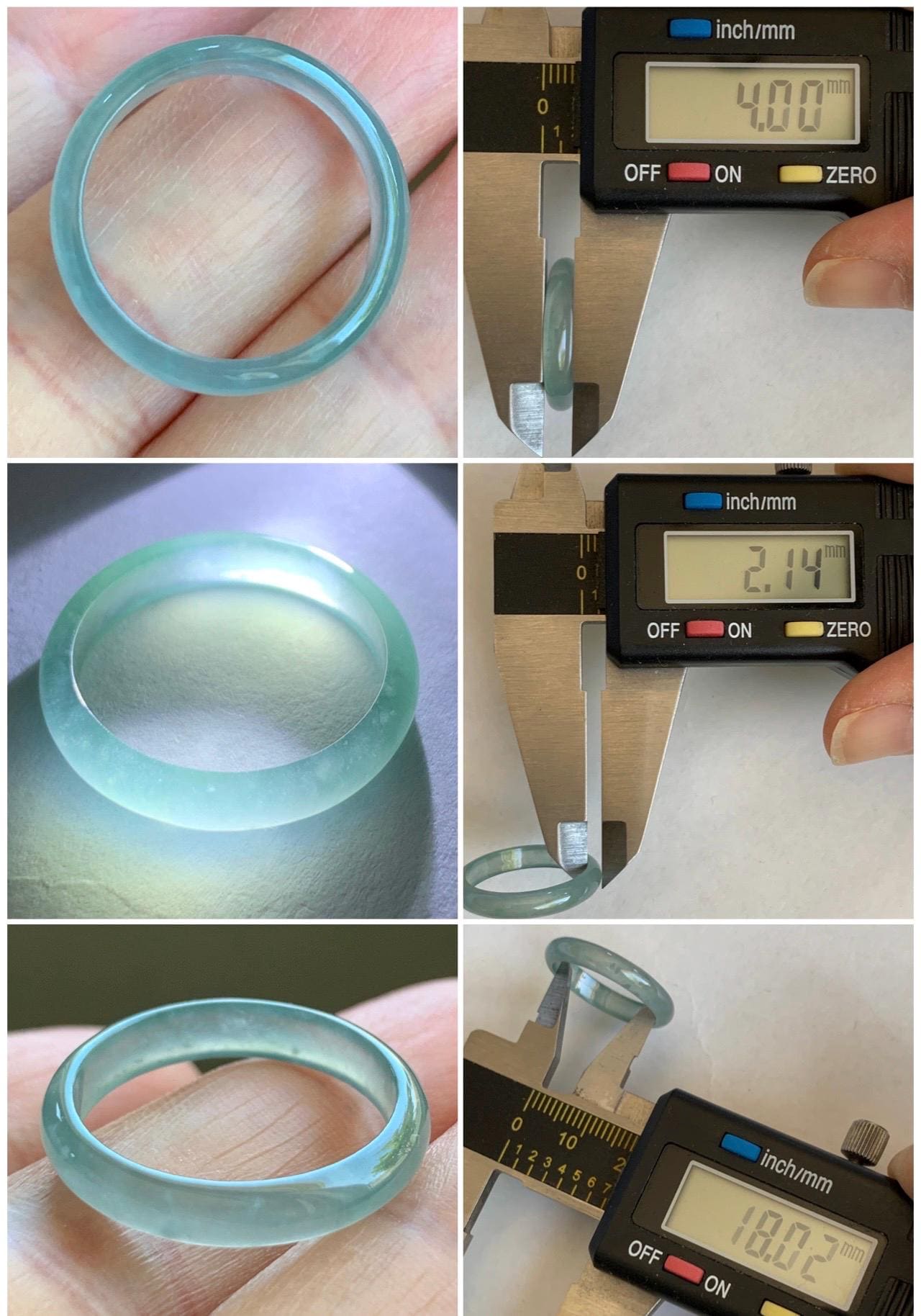 Natural Grade A Guatemalan Icy Highly Translucent Gelatinous Pastel Teal Blue Jade Jadeite Band Ring Size 7.75 US 天然冰危淡蓝起光翡翠戒圈 WZC44-C