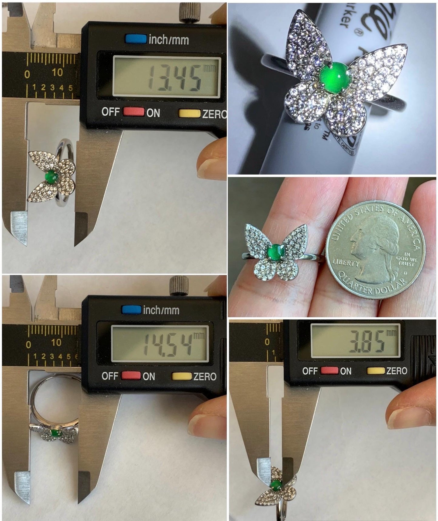 Natural Grade A Guatemalan Icy Translucent Vibrant Green Jadeite Butterfly Design Ring Sterling Silver Ring Adjustable 天然冰危绿翡翠蝴蝶银镶戒指 WLHD68