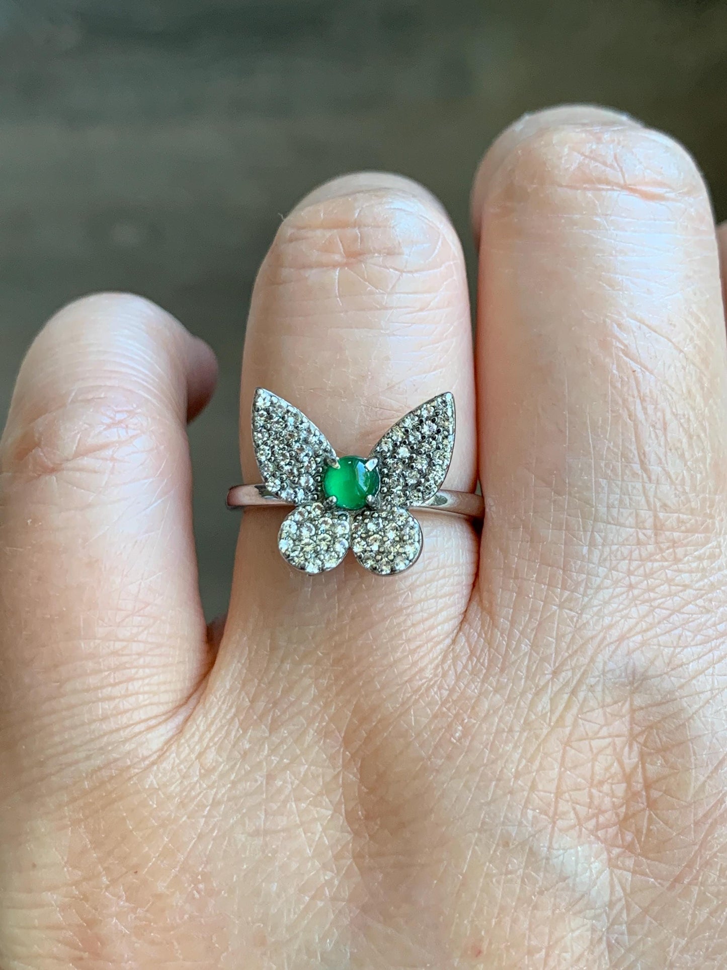 Natural Grade A Guatemalan Icy Translucent Vibrant Green Jadeite Butterfly Design Ring Sterling Silver Ring Adjustable 天然冰危绿翡翠蝴蝶银镶戒指 WLHD68