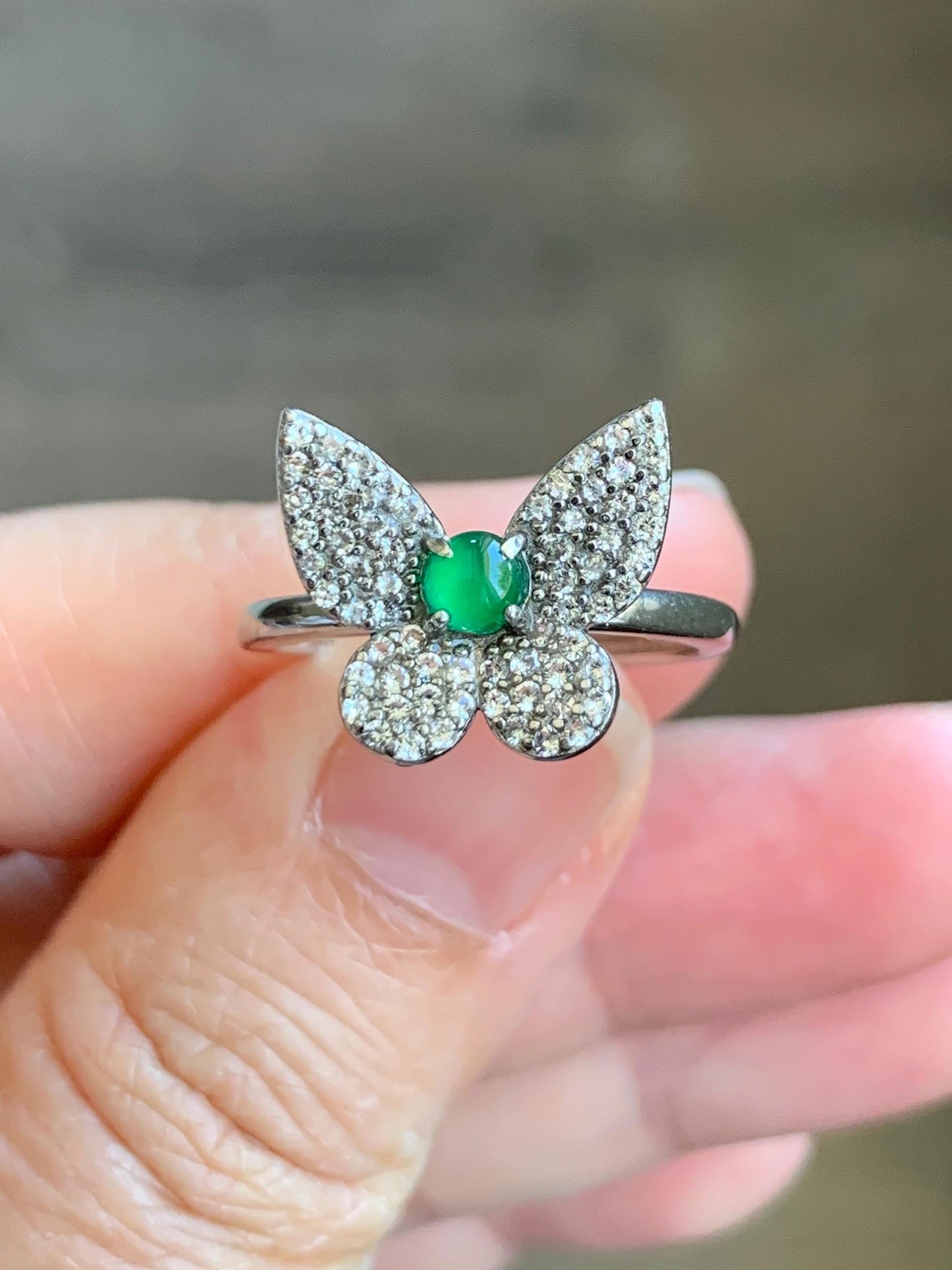 Natural Grade A Guatemalan Icy Translucent Vibrant Green Jadeite Butterfly Design Ring Sterling Silver Ring Adjustable 天然冰危绿翡翠蝴蝶银镶戒指 WLHD68