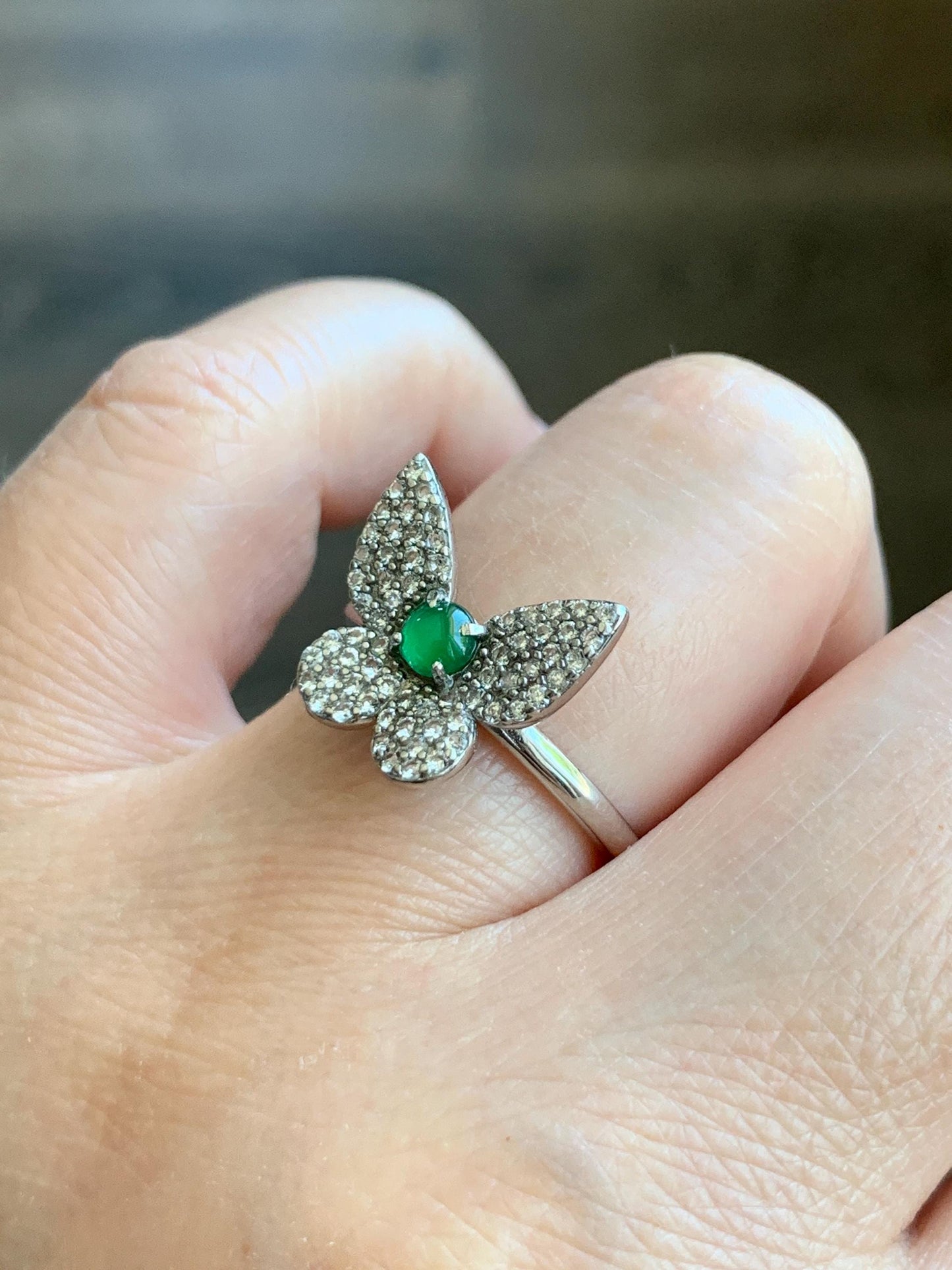 Natural Grade A Guatemalan Icy Translucent Vibrant Green Jadeite Butterfly Design Ring Sterling Silver Ring Adjustable 天然冰危绿翡翠蝴蝶银镶戒指 WLHD68
