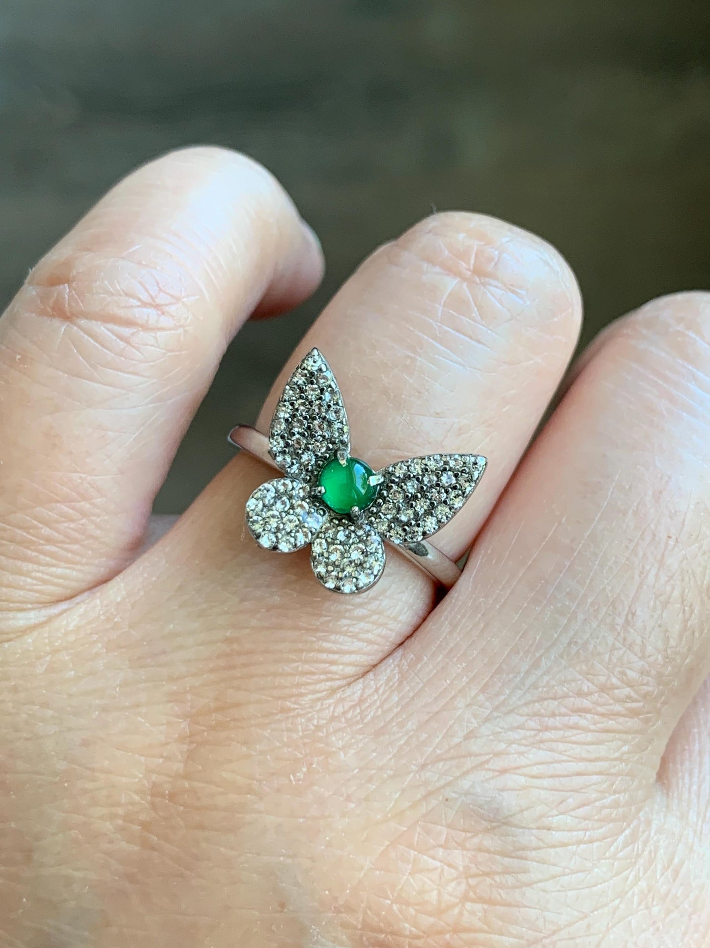 Natural Grade A Guatemalan Icy Translucent Vibrant Green Jadeite Butterfly Design Ring Sterling Silver Ring Adjustable 天然冰危绿翡翠蝴蝶银镶戒指 WLHD68
