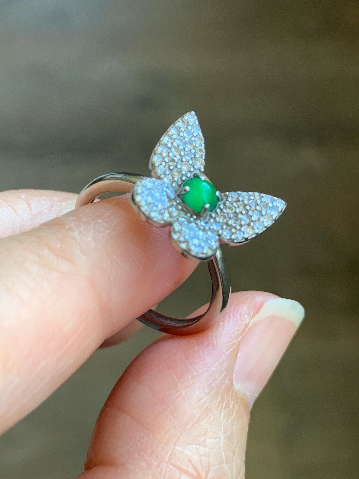 Natural Grade A Guatemalan Icy Translucent Vibrant Green Jadeite Butterfly Design Ring Sterling Silver Ring Adjustable 天然冰危绿翡翠蝴蝶银镶戒指 WLHD68