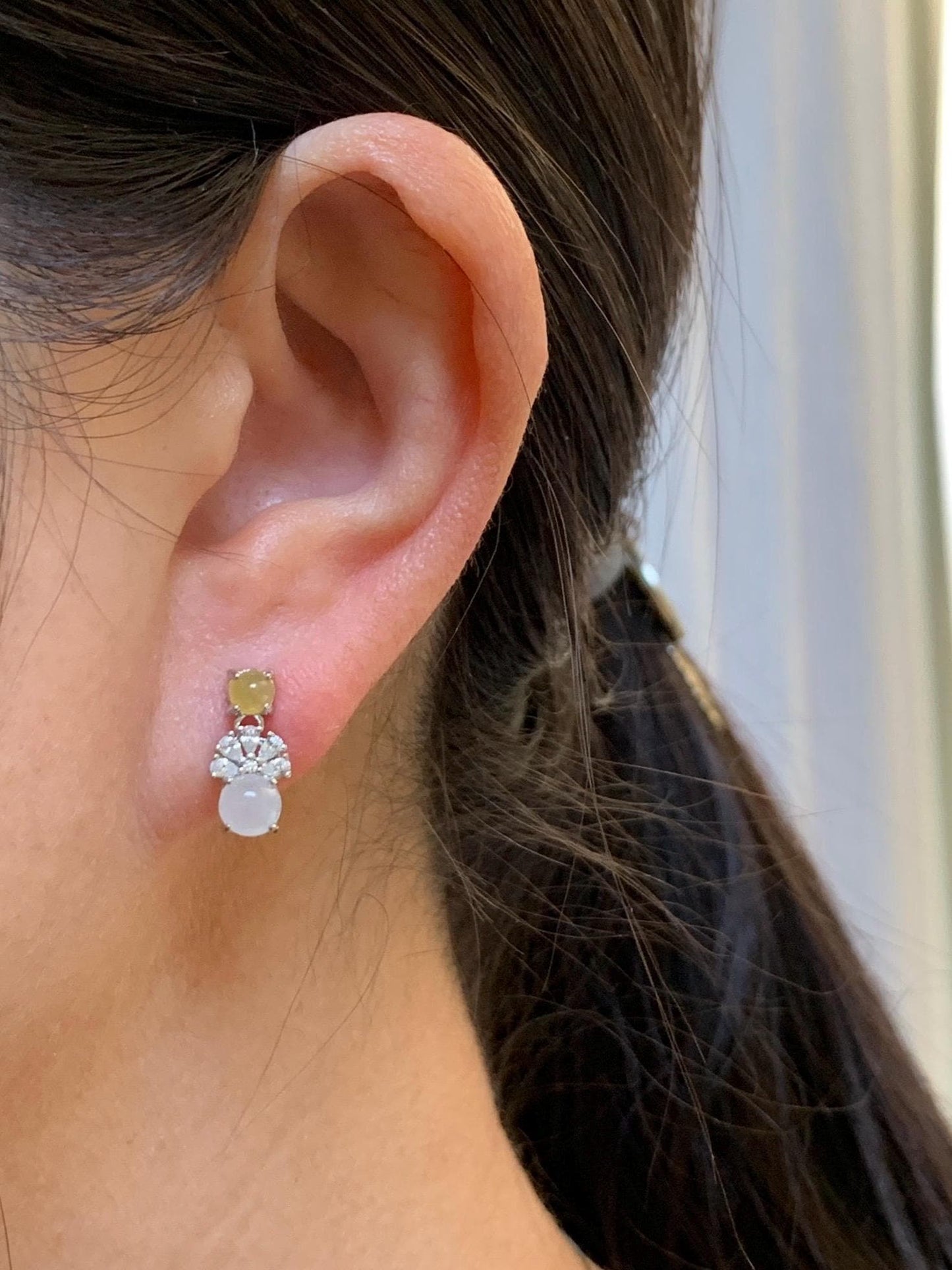 Natural Grade A Icy Highly Translucent Yellow & White Jade Jadeite Stud Dangle Earrings Sterling Silver 天然冰黄白翡翠银镶耳钉 MHB55