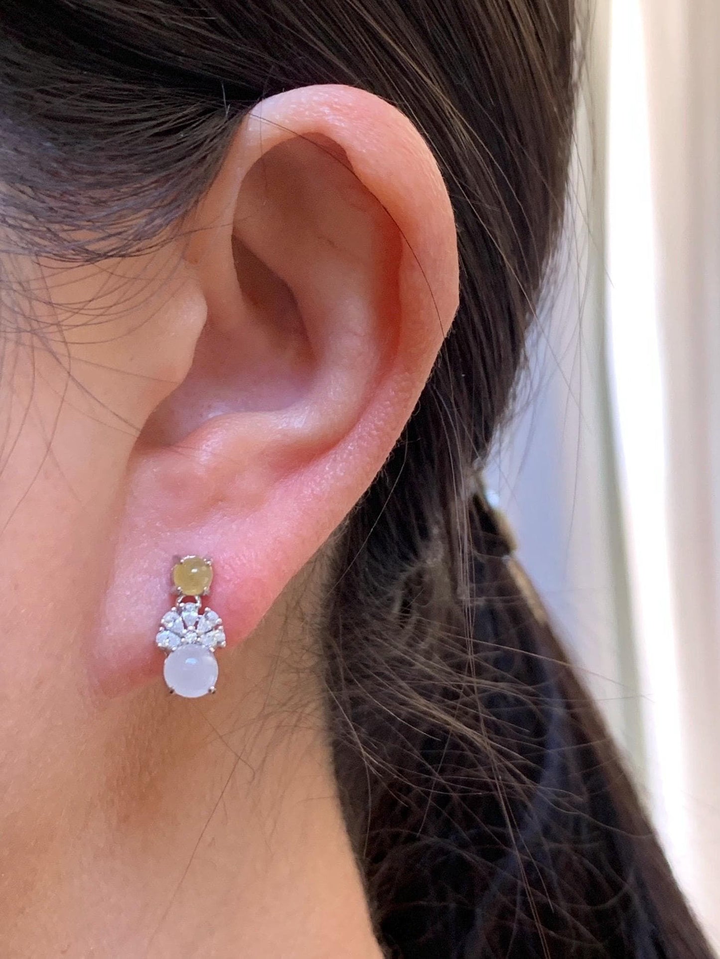 Natural Grade A Icy Highly Translucent Yellow & White Jade Jadeite Stud Dangle Earrings Sterling Silver 天然冰黄白翡翠银镶耳钉 MHB55