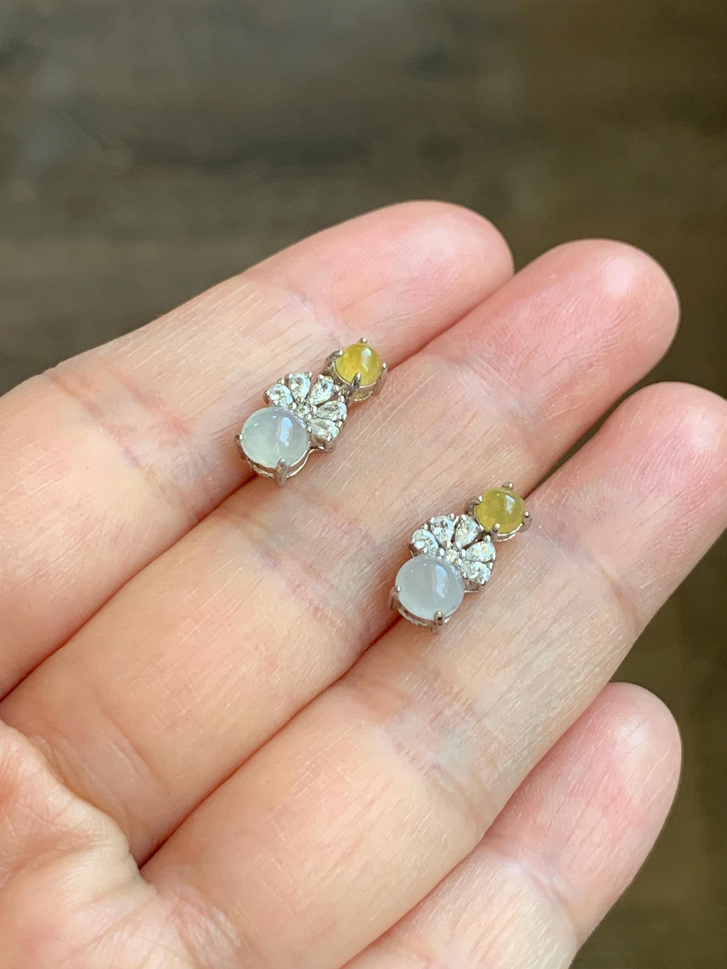 Natural Grade A Icy Highly Translucent Yellow & White Jade Jadeite Stud Dangle Earrings Sterling Silver 天然冰黄白翡翠银镶耳钉 MHB55