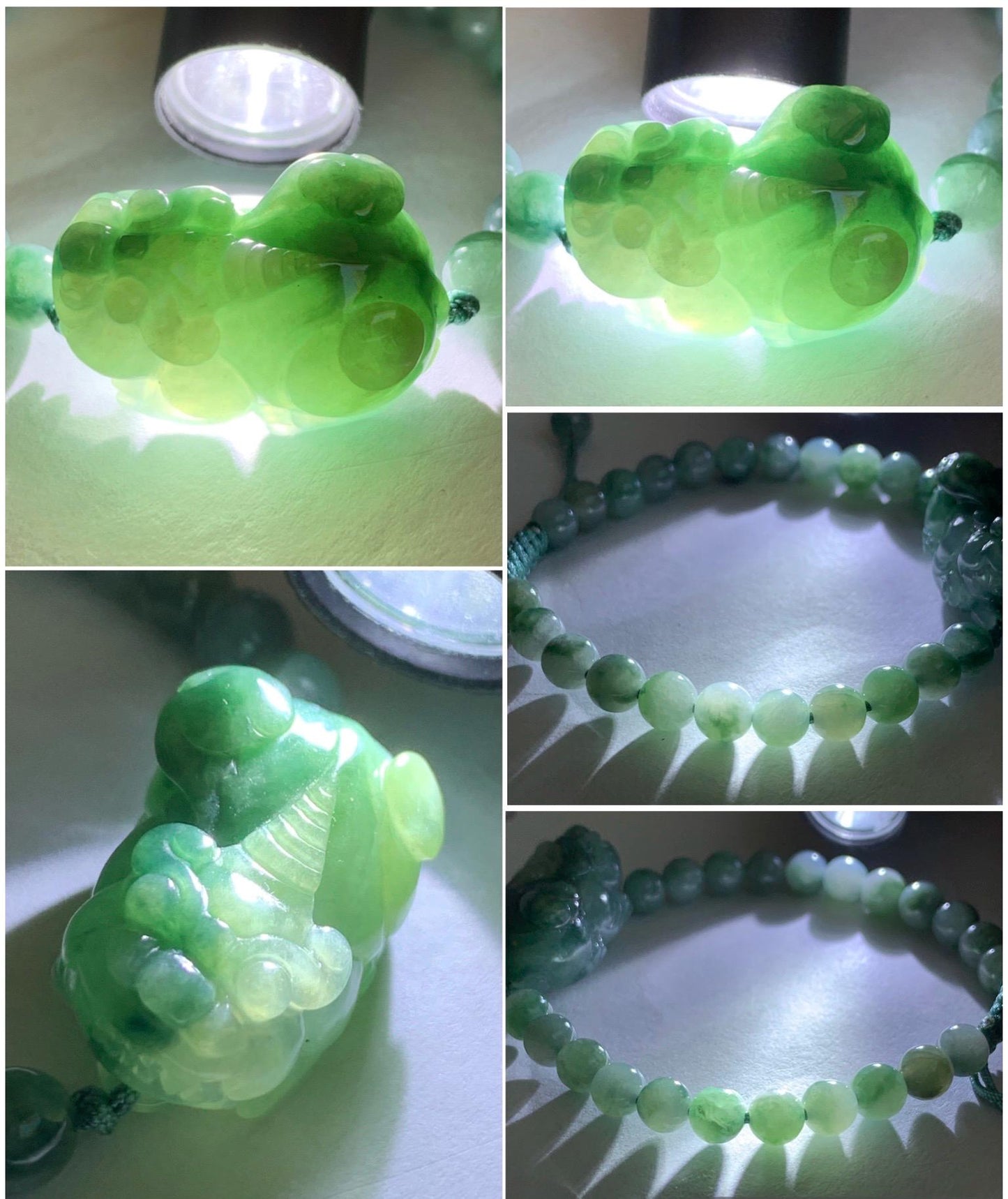 Natural Grade A Icy Translucent Gelatinous Dark Teal Green Marbled Jade Jadeite Pixiu Beaded Bracelet 6.5" 17g 天然冰飘花翡翠貔貅圆珠手串 MPP-S