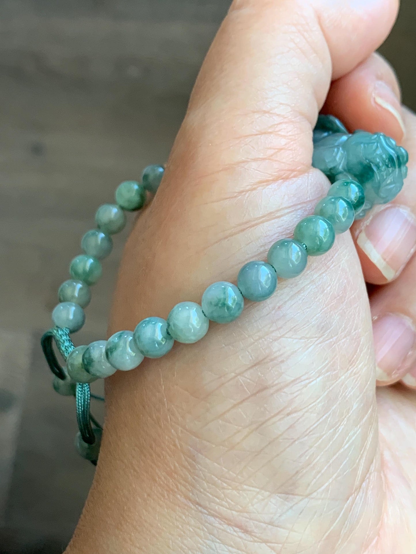 Natural Grade A Icy Translucent Gelatinous Dark Teal Green Marbled Jade Jadeite Pixiu Beaded Bracelet 6.5" 17g 天然冰飘花翡翠貔貅圆珠手串 MPP-S