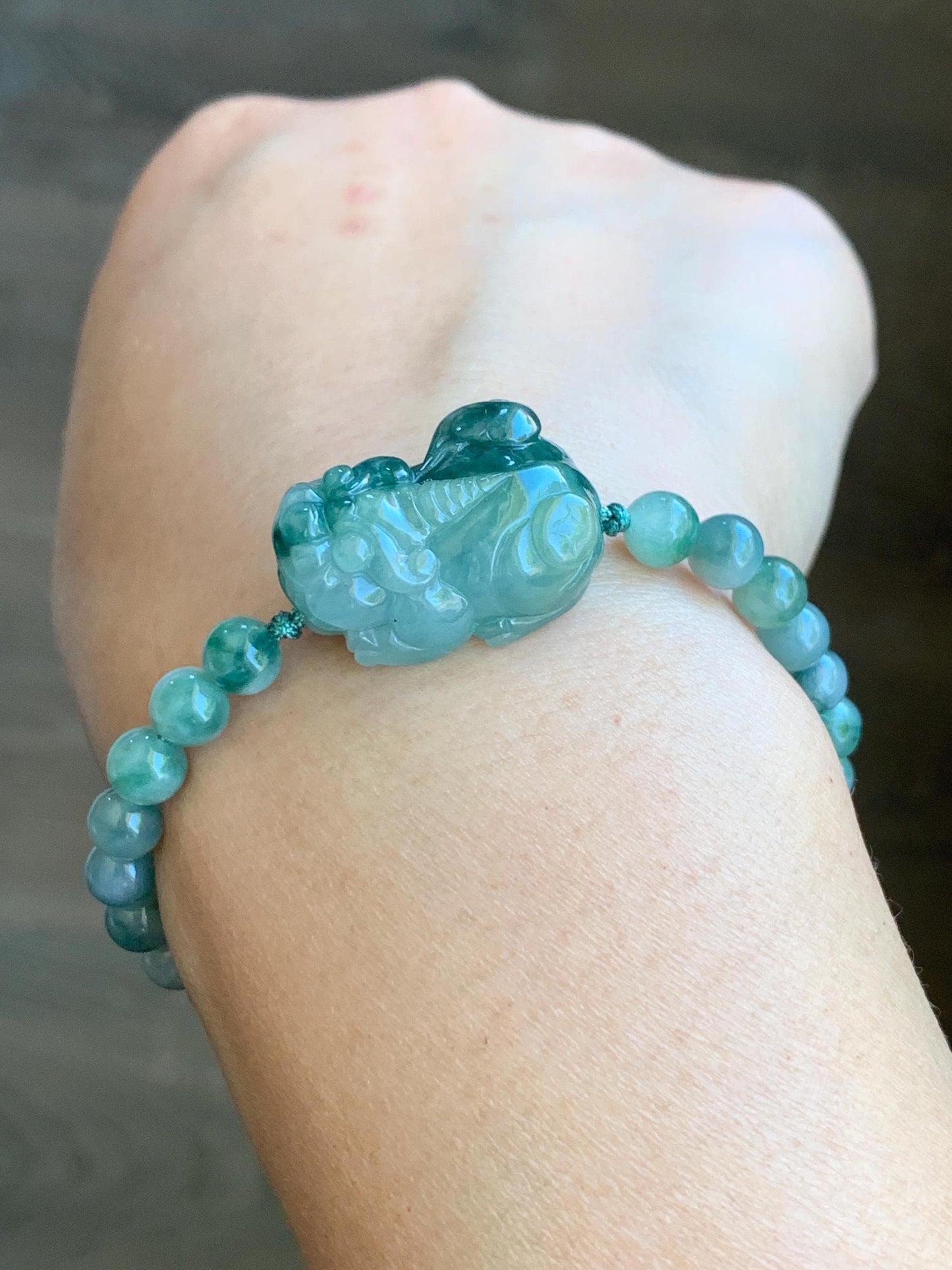 Natural Grade A Icy Translucent Gelatinous Dark Teal Green Marbled Jade Jadeite Pixiu Beaded Bracelet 6.5" 17g 天然冰飘花翡翠貔貅圆珠手串 MPP-S
