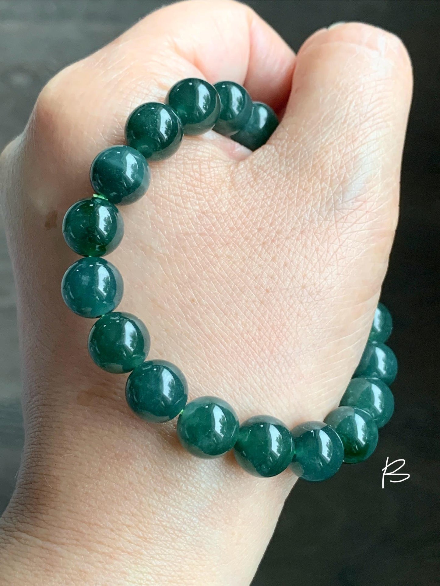 Natural Guatemalan Grade A Icy Translucent Dark Teal Green Jade Jadeite Beaded Bracelet Stretchy 9.8mm 7.25” 33g 天然冰危糯种深蓝绿翡翠圆珠手串 WSL290