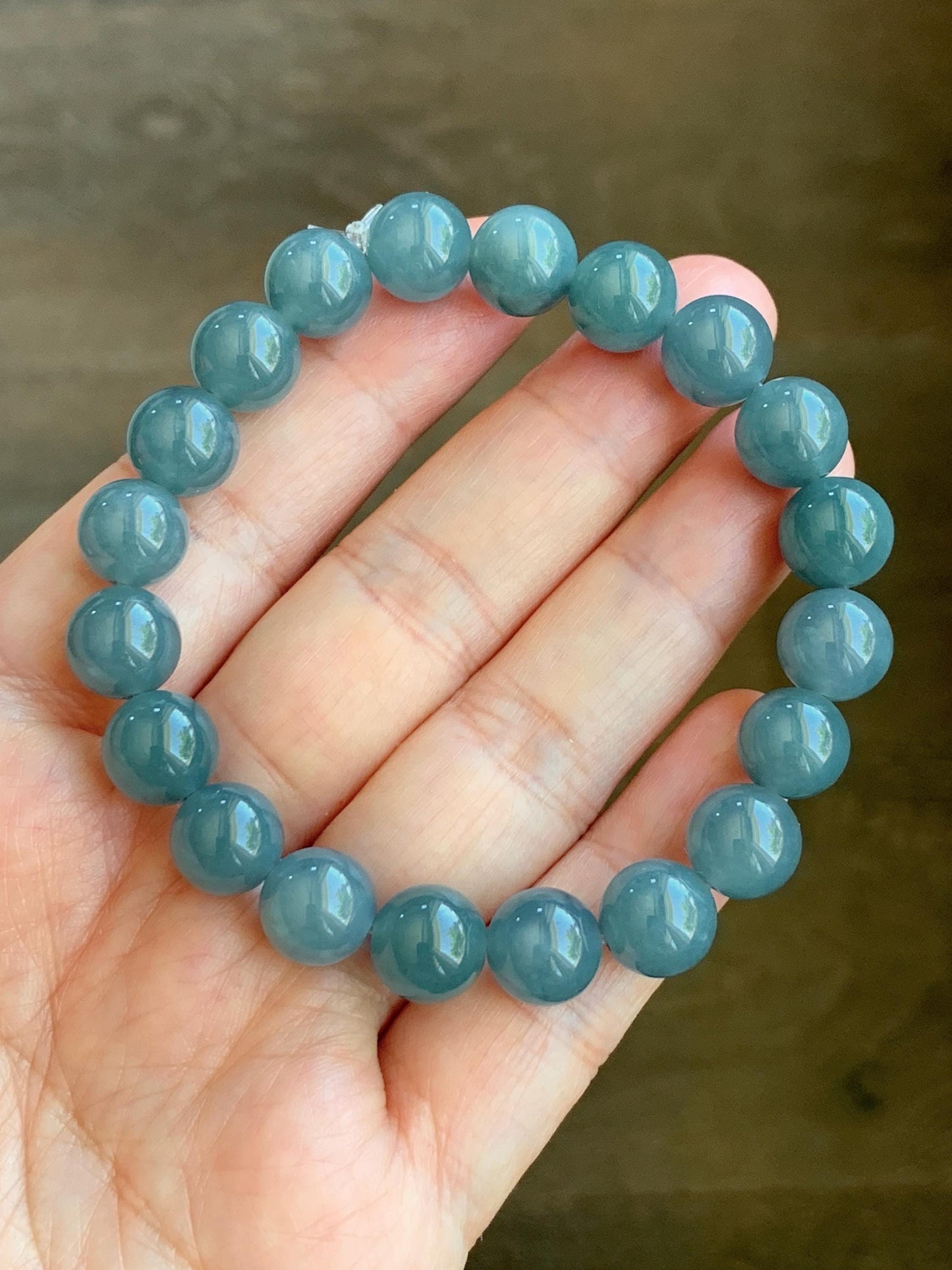 Natural Guatemalan Grade A Icy Translucent Dusty Teal Blue Jade Jadeite Beaded Bracelet Stretchy 9.7mm 7.25” 31g 天然冰危蓝水翡翠圆珠手串 WLZ150