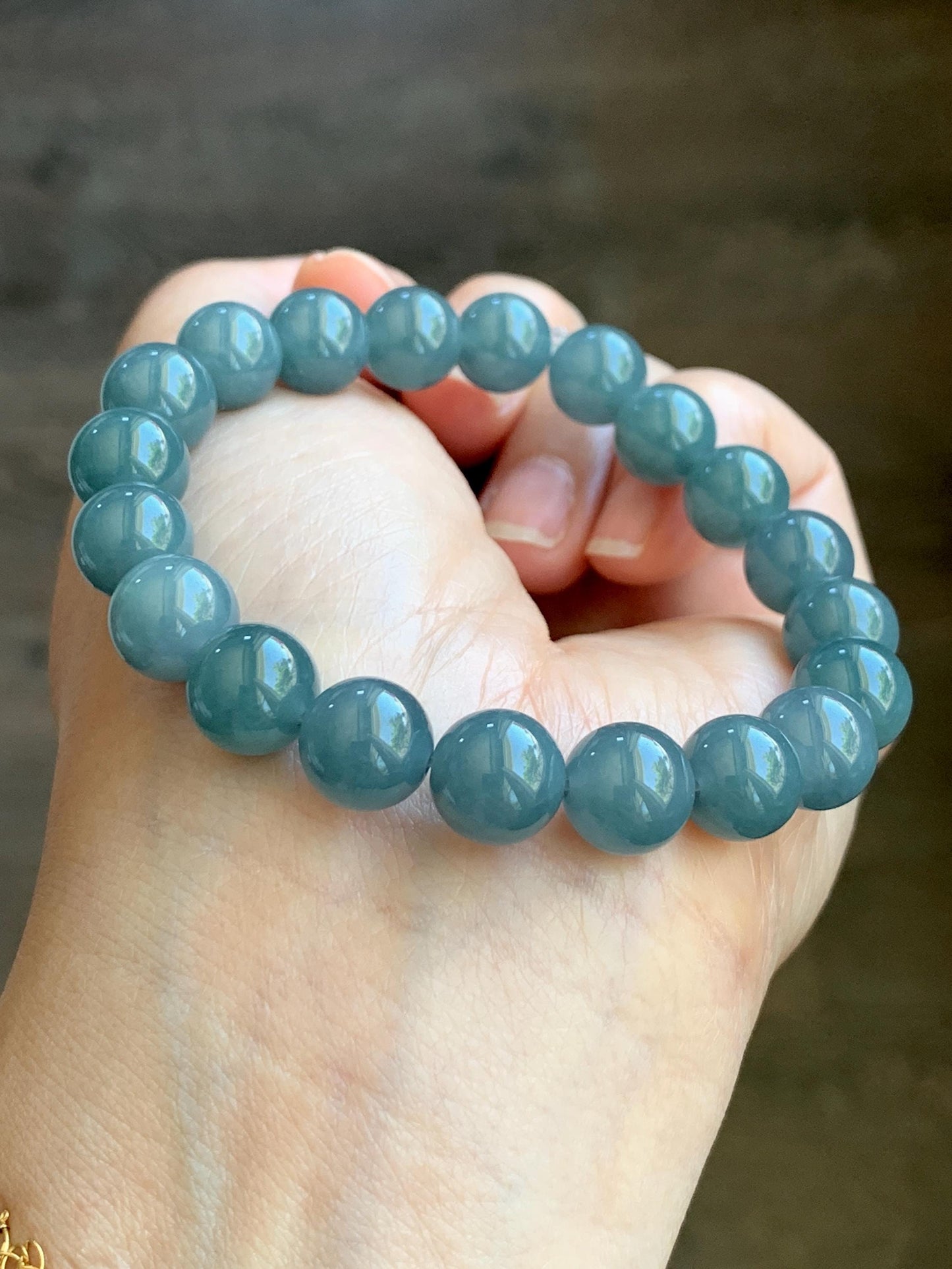 Natural Guatemalan Grade A Icy Translucent Dusty Teal Blue Jade Jadeite Beaded Bracelet Stretchy 9.7mm 7.25” 31g 天然冰危蓝水翡翠圆珠手串 WLZ150