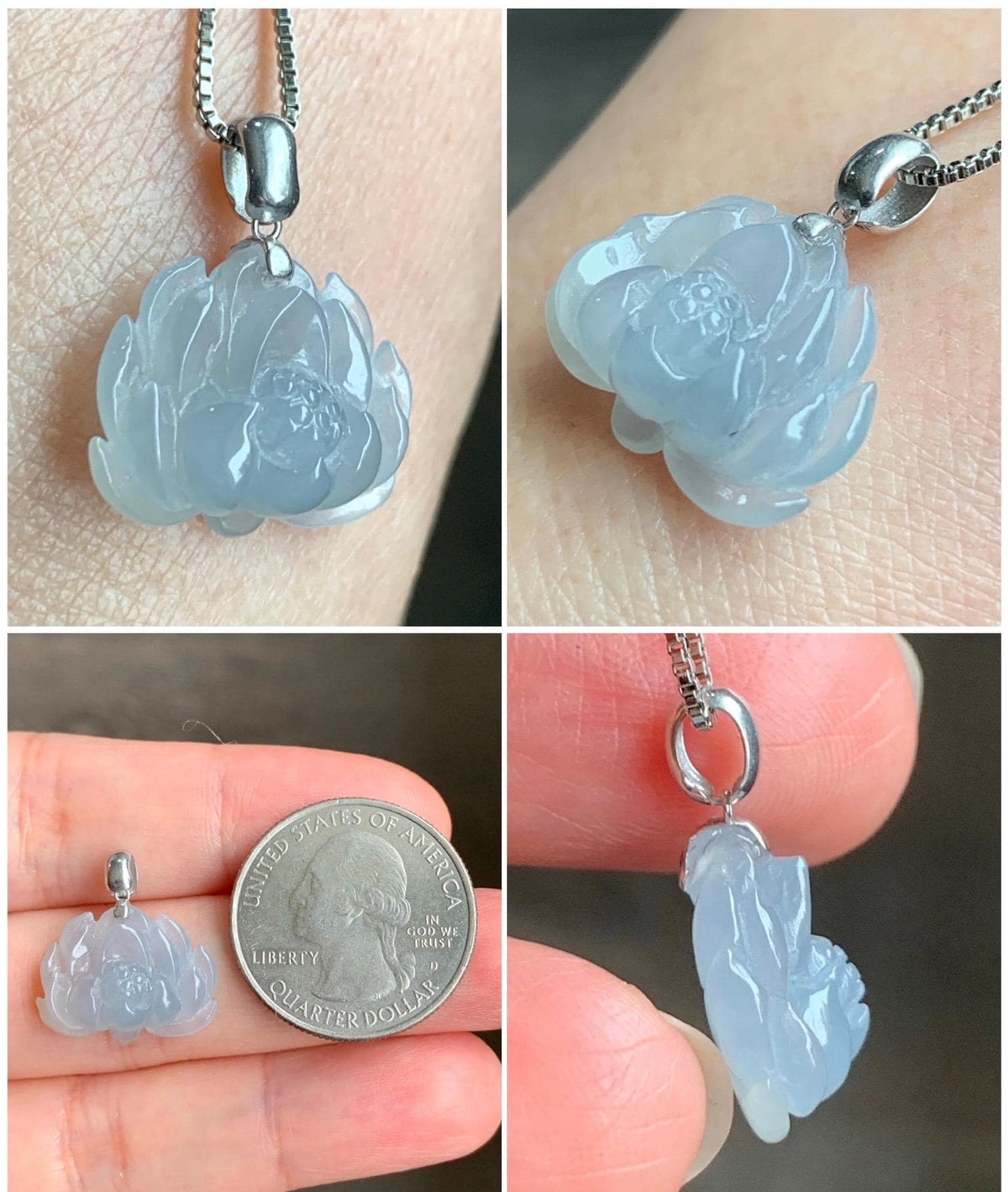 Natural Grade A Icy Translucent Gelatinous Dusty Pastel Blue Jade Jadeite Lotus Flower Pendant 18K White Gold Bail 天然冰胶淡蓝灰翡翠莲花镶嵌吊坠 DLH-242