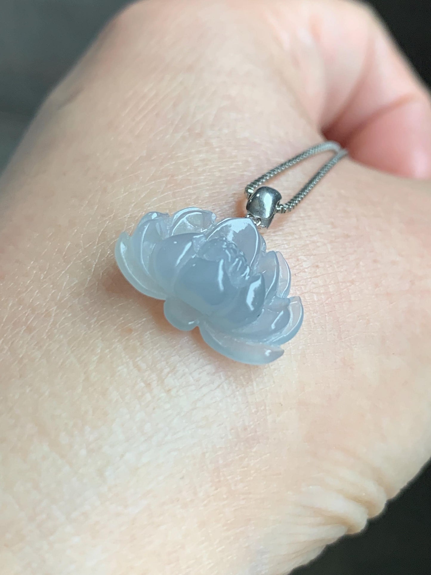 Natural Grade A Icy Translucent Gelatinous Dusty Pastel Blue Jade Jadeite Lotus Flower Pendant 18K White Gold Bail 天然冰胶淡蓝灰翡翠莲花镶嵌吊坠 DLH-242