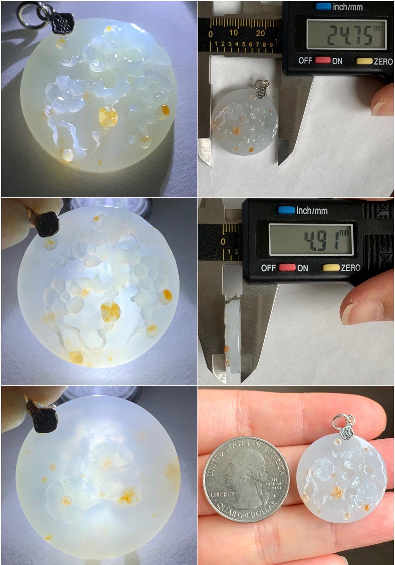 Natural Grade A Icy Translucent Gelatinous Golden Brown Marbled Jadeite Cherry Blossom Branch Disc Pendant Sterling Silver 天然冰胶撒金翡翠梅花牌吊坠 MHP