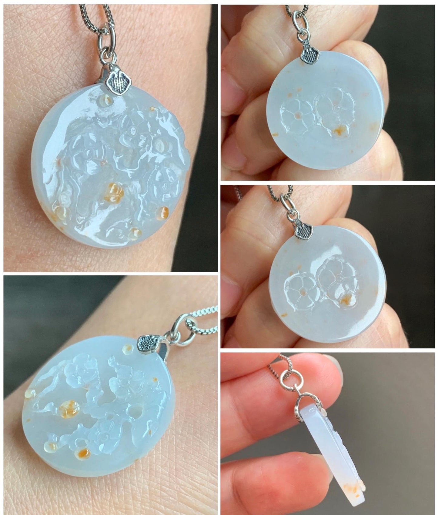 Natural Grade A Icy Translucent Gelatinous Golden Brown Marbled Jadeite Cherry Blossom Branch Disc Pendant Sterling Silver 天然冰胶撒金翡翠梅花牌吊坠 MHP
