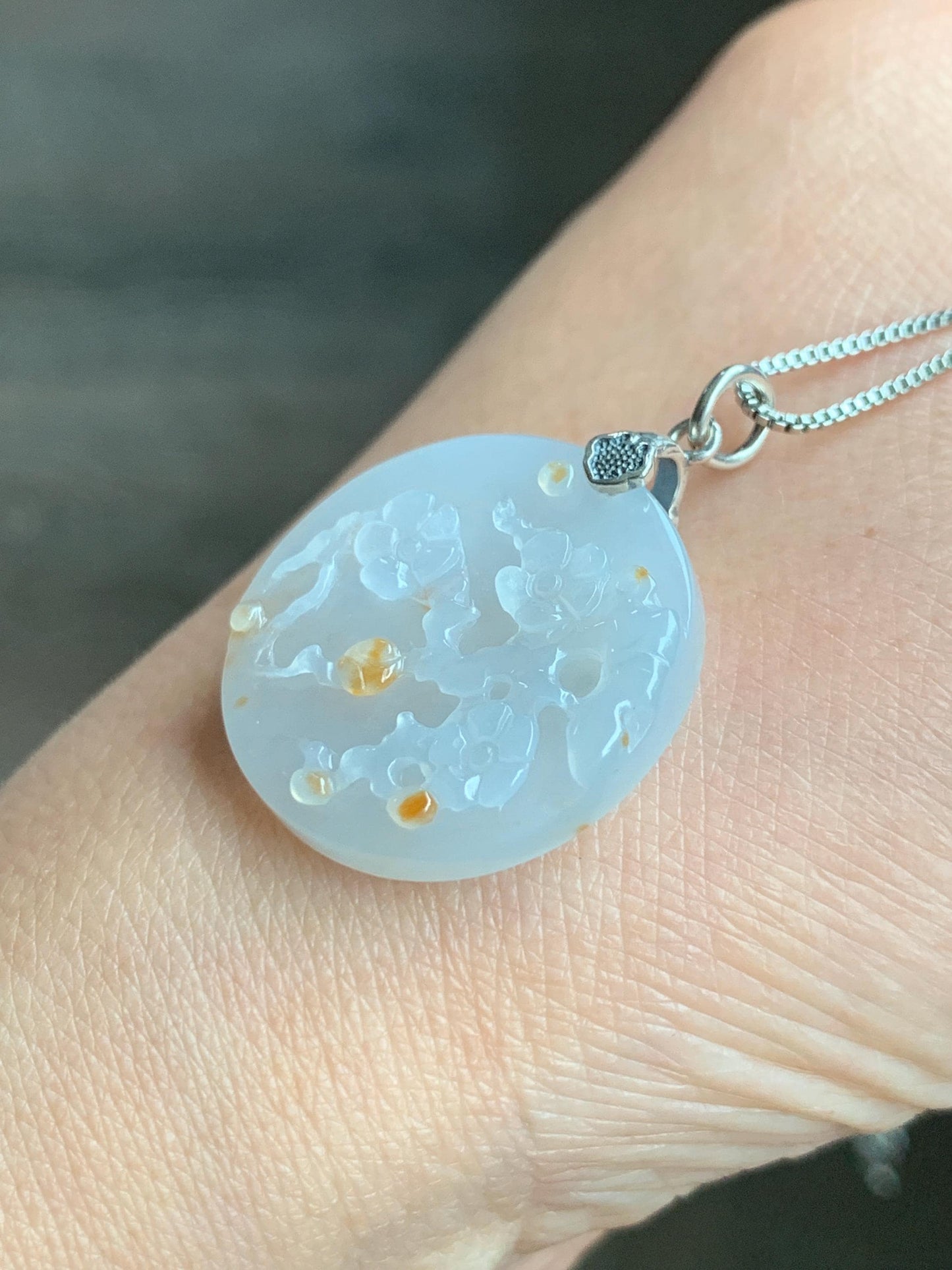 Natural Grade A Icy Translucent Gelatinous Golden Brown Marbled Jadeite Cherry Blossom Branch Disc Pendant Sterling Silver 天然冰胶撒金翡翠梅花牌吊坠 MHP