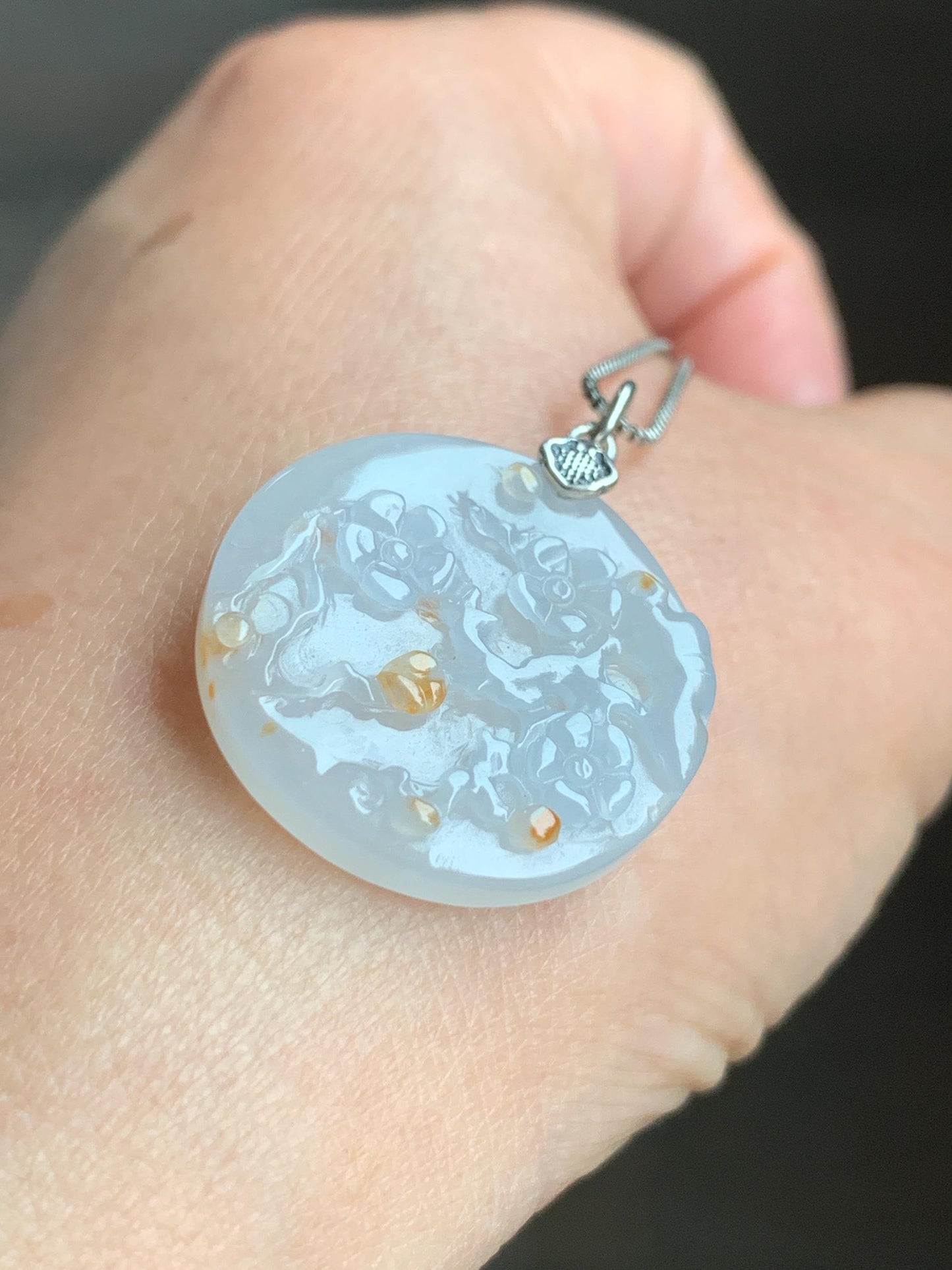 Natural Grade A Icy Translucent Gelatinous Golden Brown Marbled Jadeite Cherry Blossom Branch Disc Pendant Sterling Silver 天然冰胶撒金翡翠梅花牌吊坠 MHP