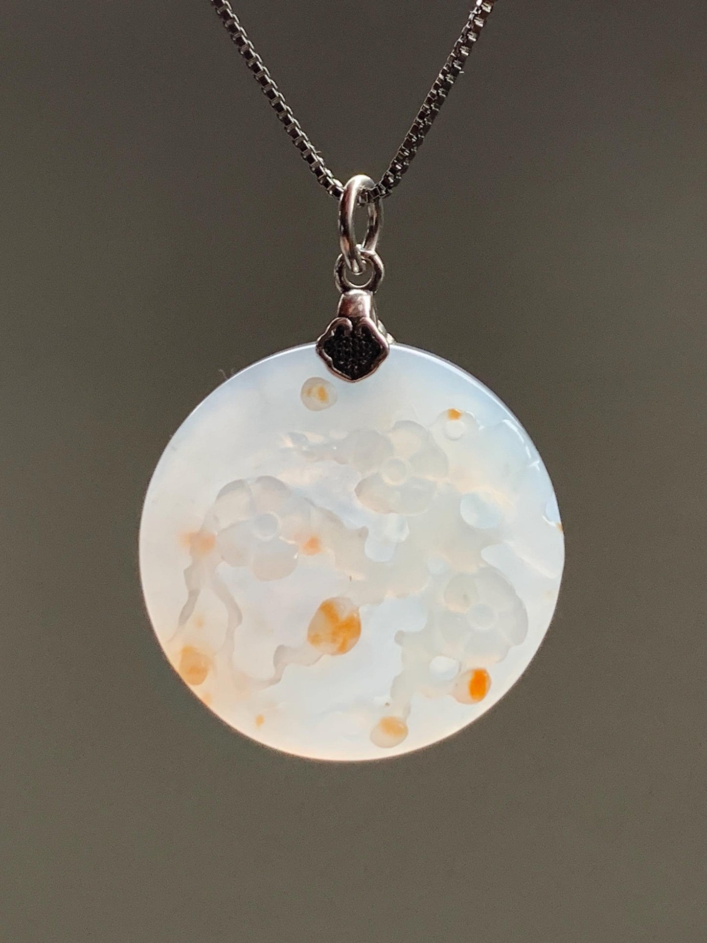 Natural Grade A Icy Translucent Gelatinous Golden Brown Marbled Jadeite Cherry Blossom Branch Disc Pendant Sterling Silver 天然冰胶撒金翡翠梅花牌吊坠 MHP