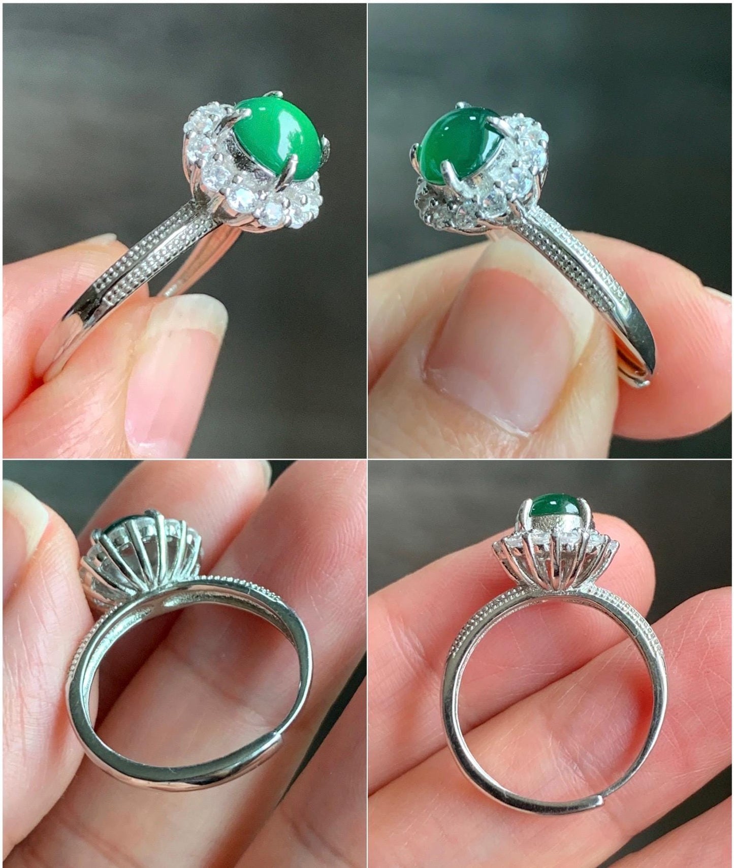 Natural Grade A Guatemalan Icy Translucent Vibrant Green Round Cabochon Jadeite Halo Ring Sterling Silver Size Adjustable 天然冰危绿翡翠银镶戒指 WLH88R