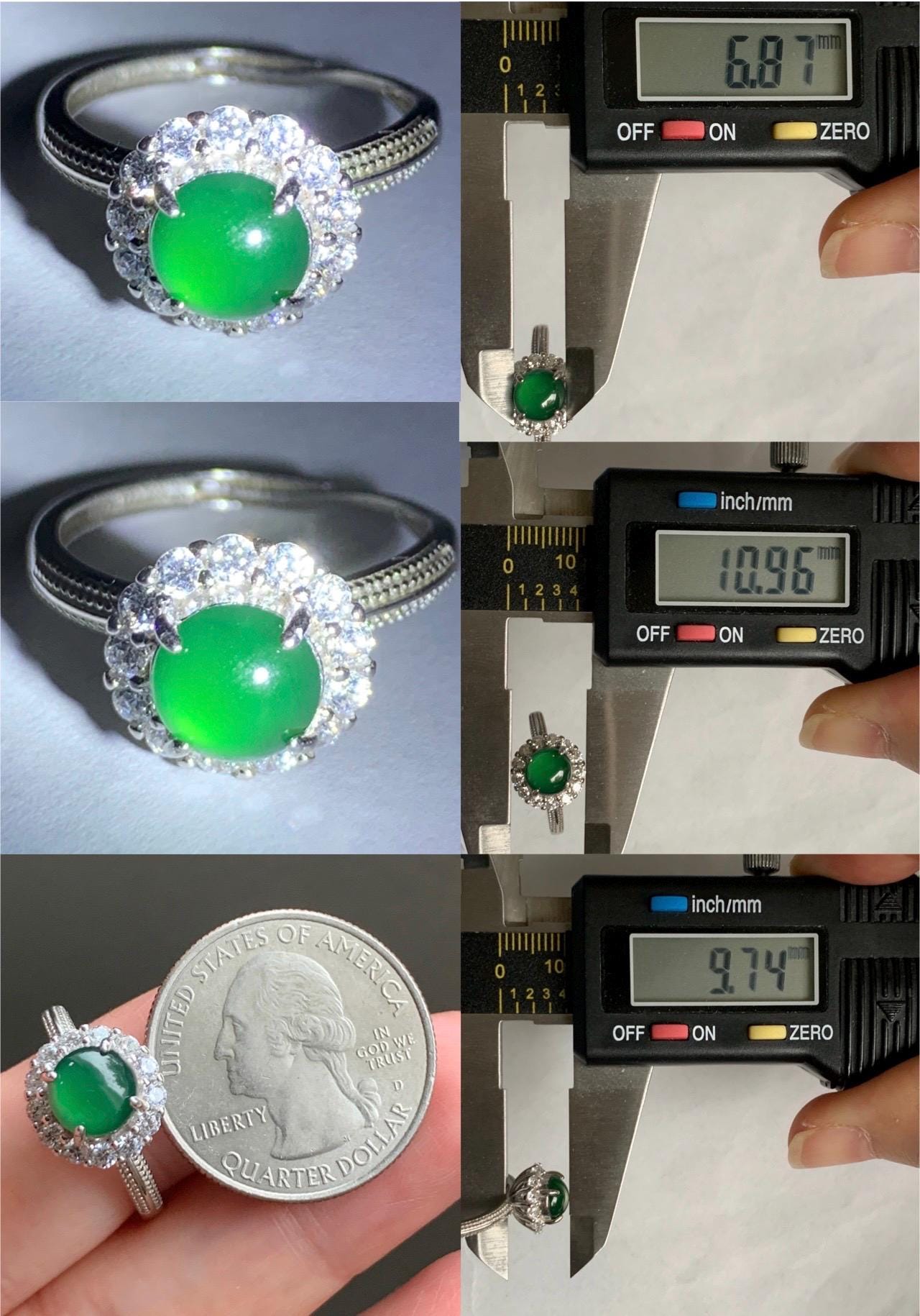 Natural Grade A Guatemalan Icy Translucent Vibrant Green Round Cabochon Jadeite Halo Ring Sterling Silver Size Adjustable 天然冰危绿翡翠银镶戒指 WLH88R