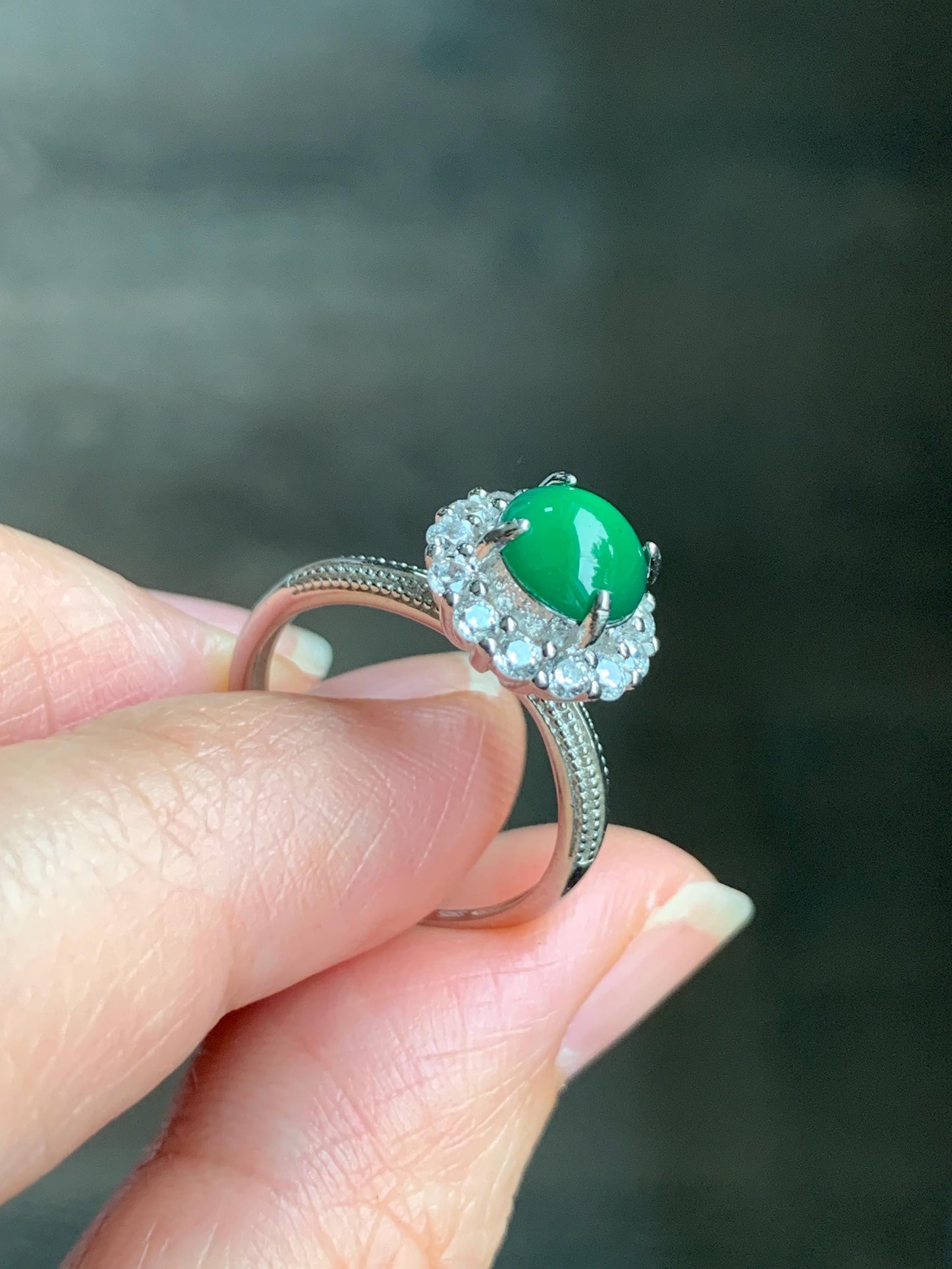 Natural Grade A Guatemalan Icy Translucent Vibrant Green Round Cabochon Jadeite Halo Ring Sterling Silver Size Adjustable 天然冰危绿翡翠银镶戒指 WLH88R