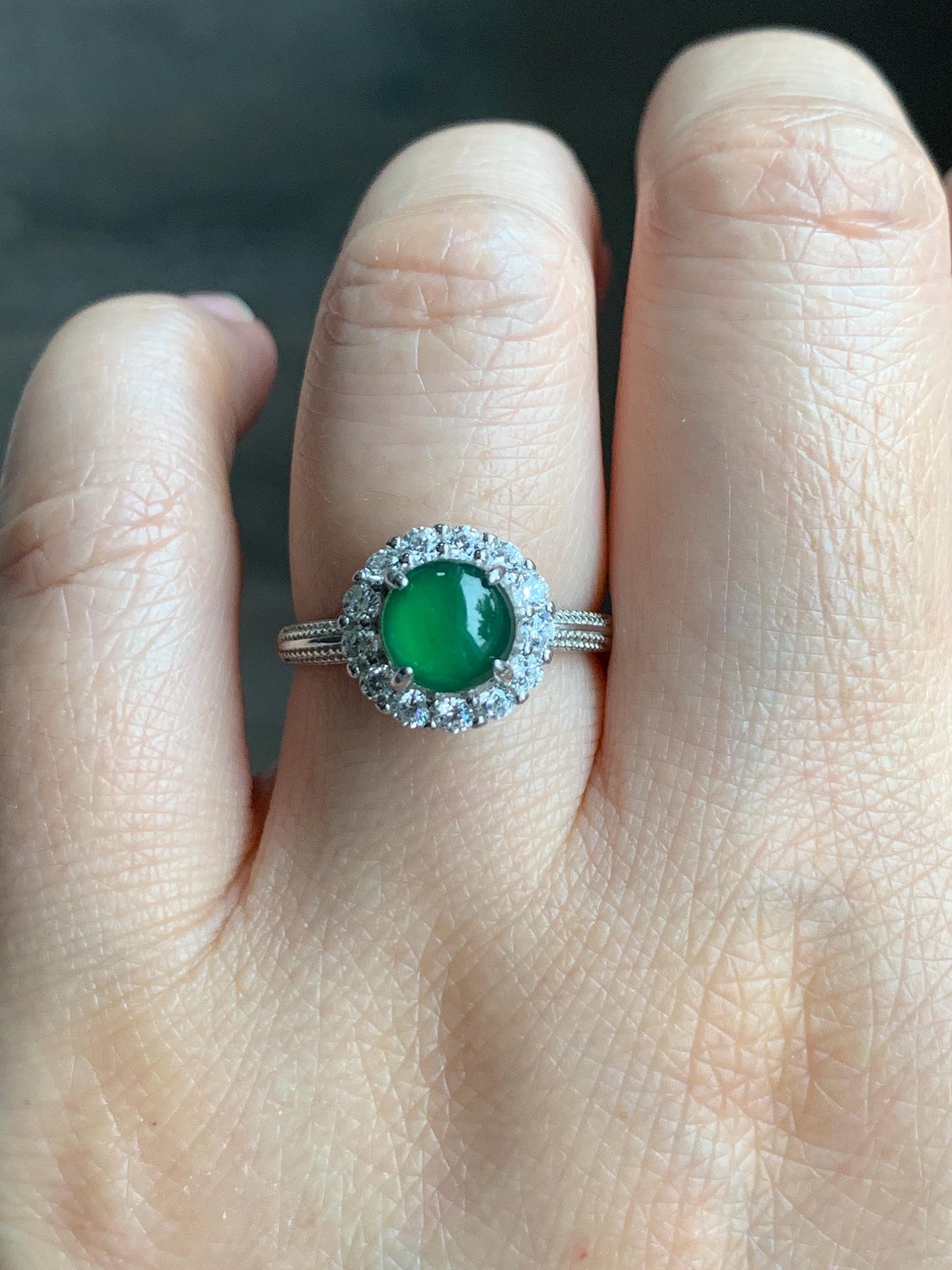 Natural Grade A Guatemalan Icy Translucent Vibrant Green Round Cabochon Jadeite Halo Ring Sterling Silver Size Adjustable 天然冰危绿翡翠银镶戒指 WLH88R