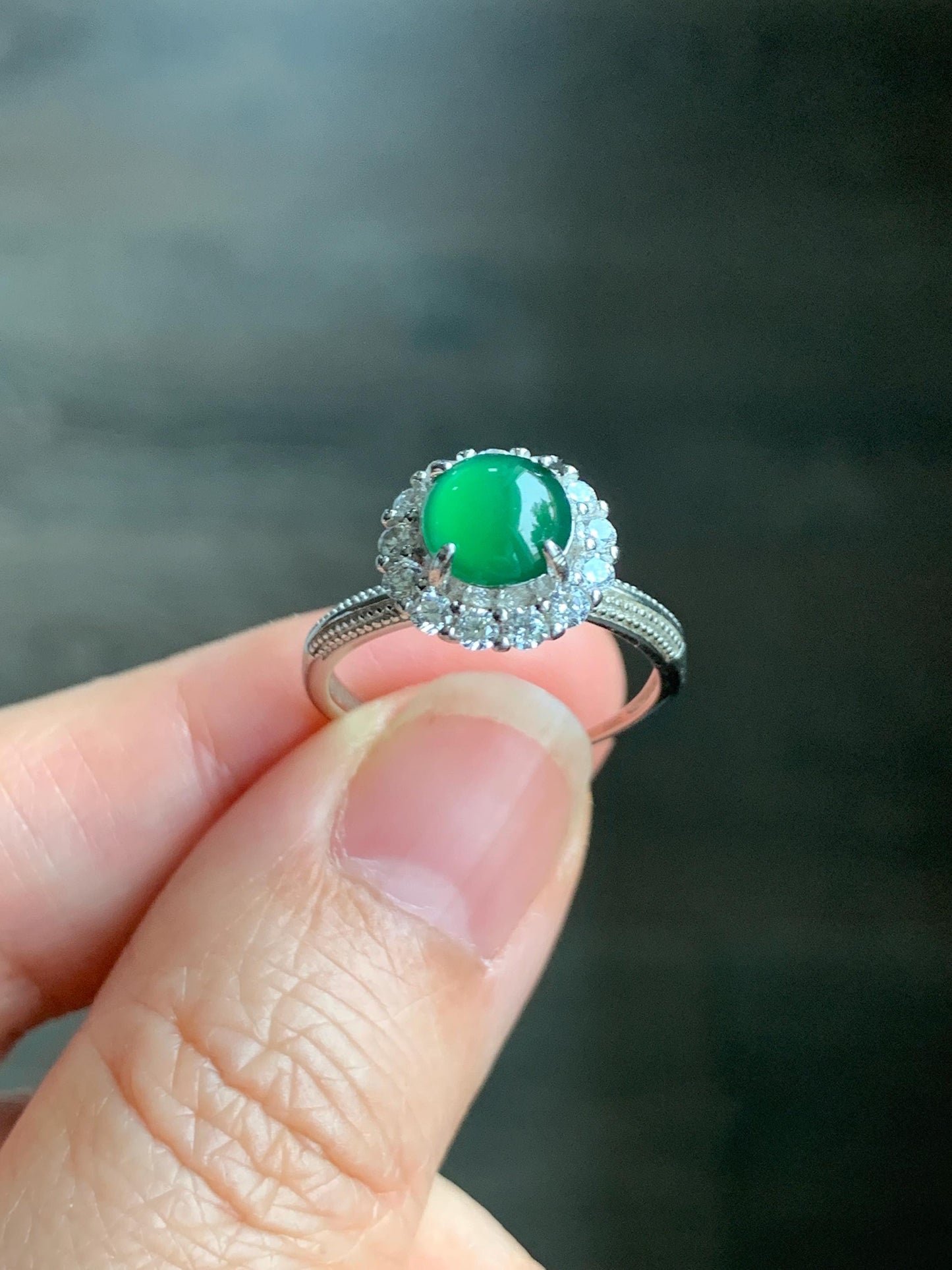 Natural Grade A Guatemalan Icy Translucent Vibrant Green Round Cabochon Jadeite Halo Ring Sterling Silver Size Adjustable 天然冰危绿翡翠银镶戒指 WLH88R