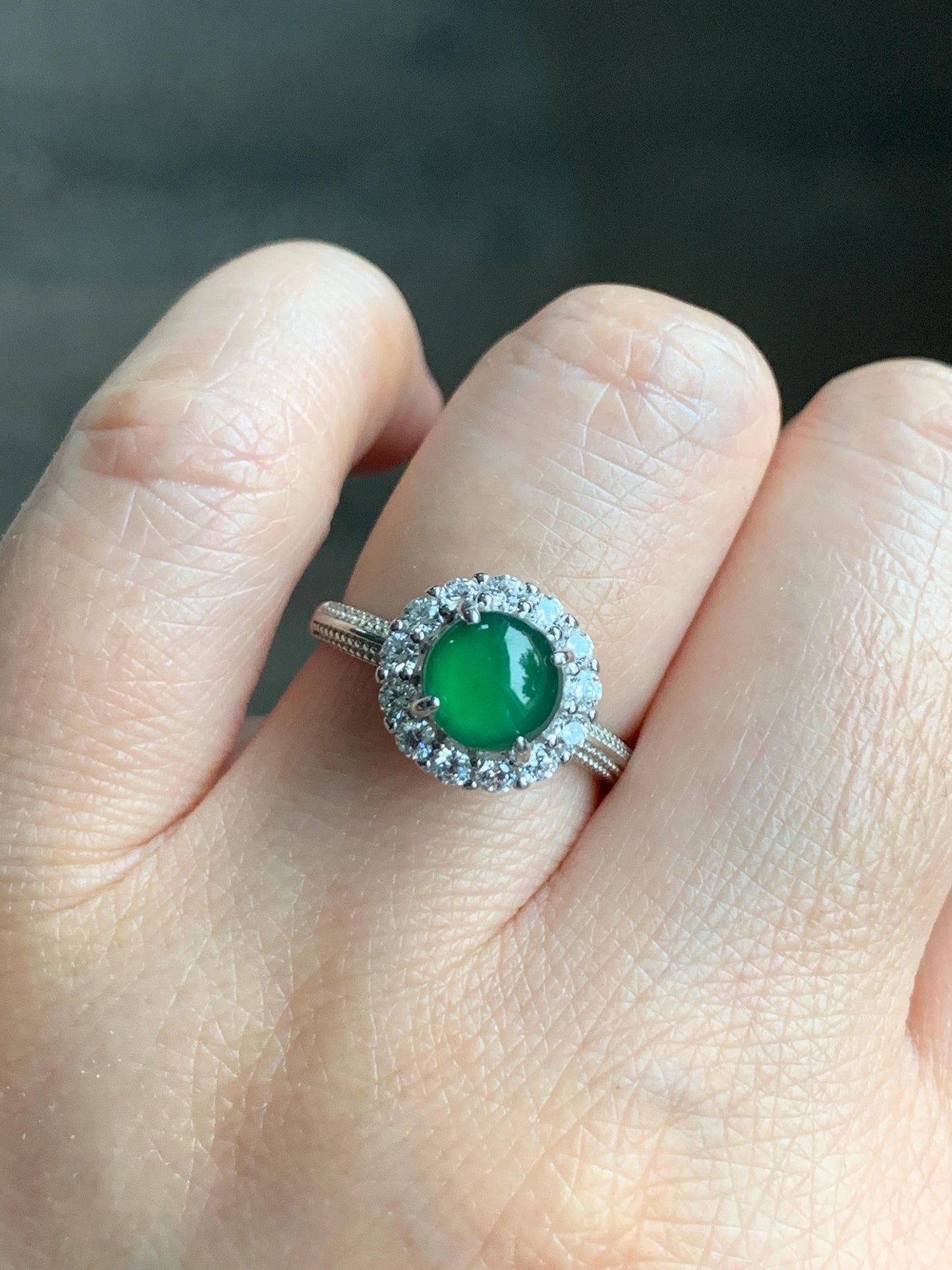 Natural Grade A Guatemalan Icy Translucent Vibrant Green Round Cabochon Jadeite Halo Ring Sterling Silver Size Adjustable 天然冰危绿翡翠银镶戒指 WLH88R