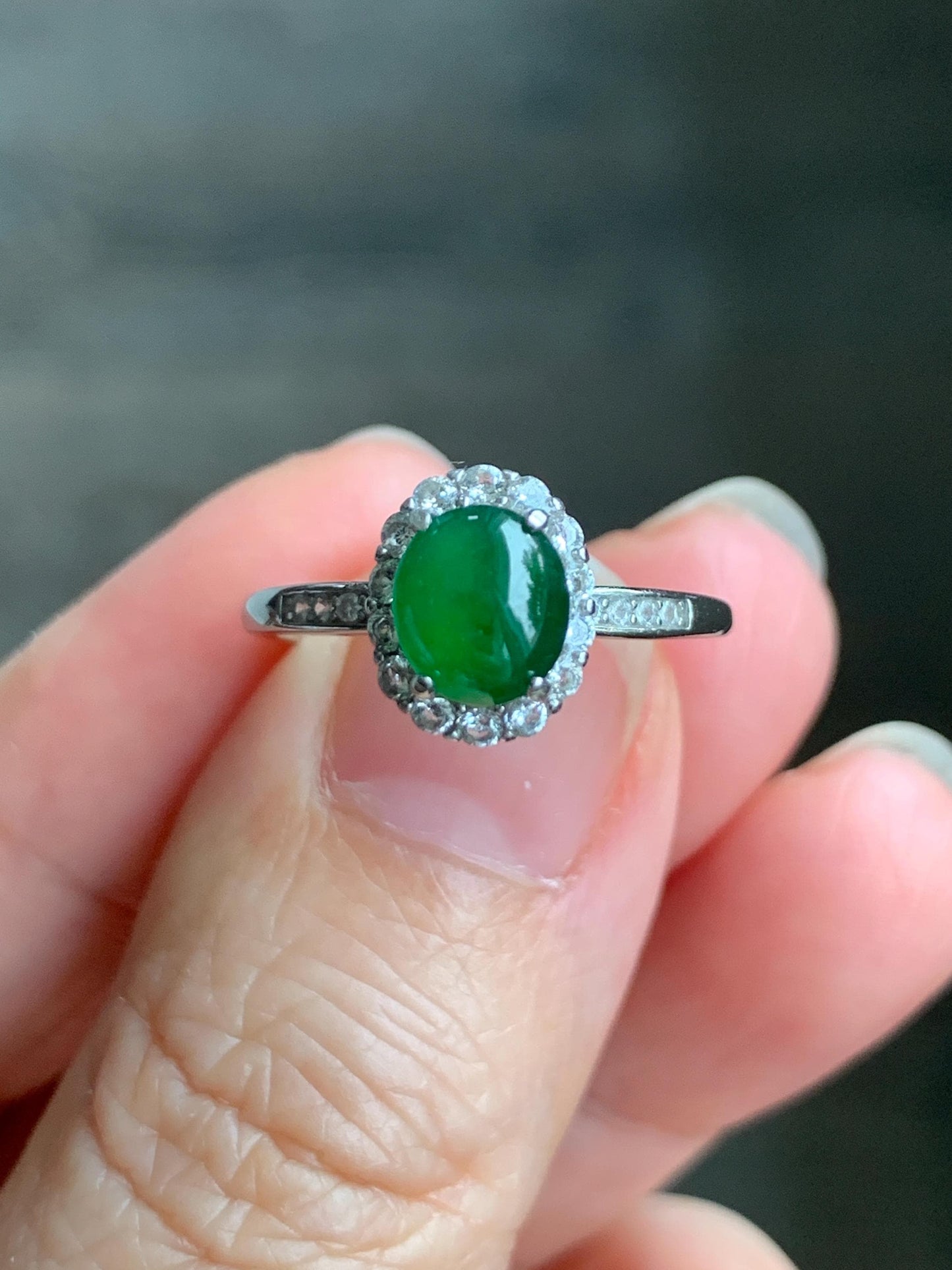 Natural Grade A Guatemalan Icy Translucent Vibrant Green Oval Cabochon Jadeite Halo Ring Sterling Silver Size Adjustable 天然冰危绿翡翠银镶戒指 WLH88T