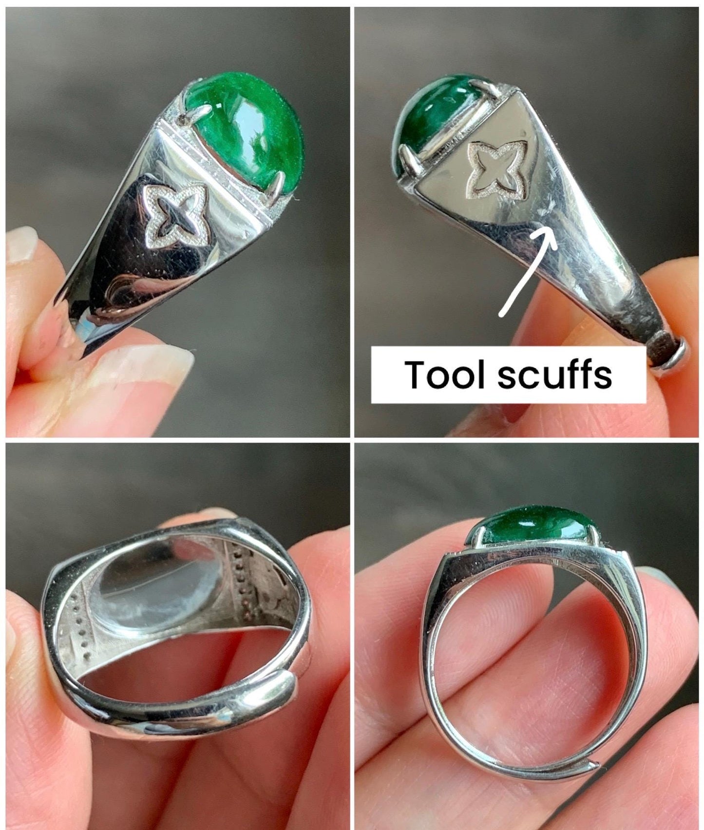 Natural Grade A Icy Translucent Vibrant Green Jadeite Oval Cabochon Solitaire Ring Sterling Silver Size 8.5 Adjustable 天然冰危绿翡翠蛋面银镶戒指 WLT150