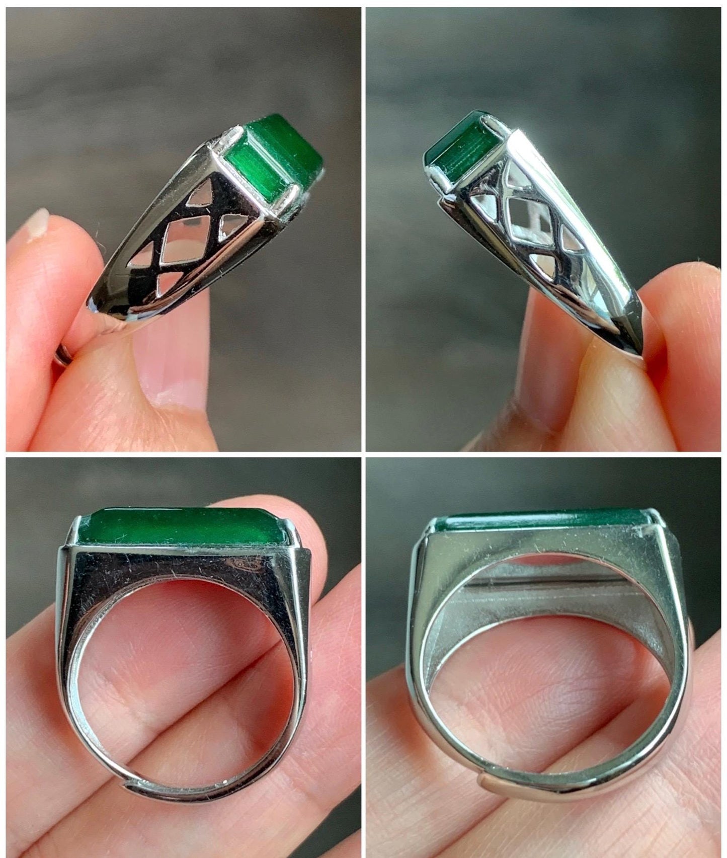 Natural Grade A Guatemalan Icy Translucent Vibrant Green Jadeite Saddle Ring Sterling Silver Size 8 US Adjustable 天然冰危绿翡翠马鞍银镶戒指 LMA220
